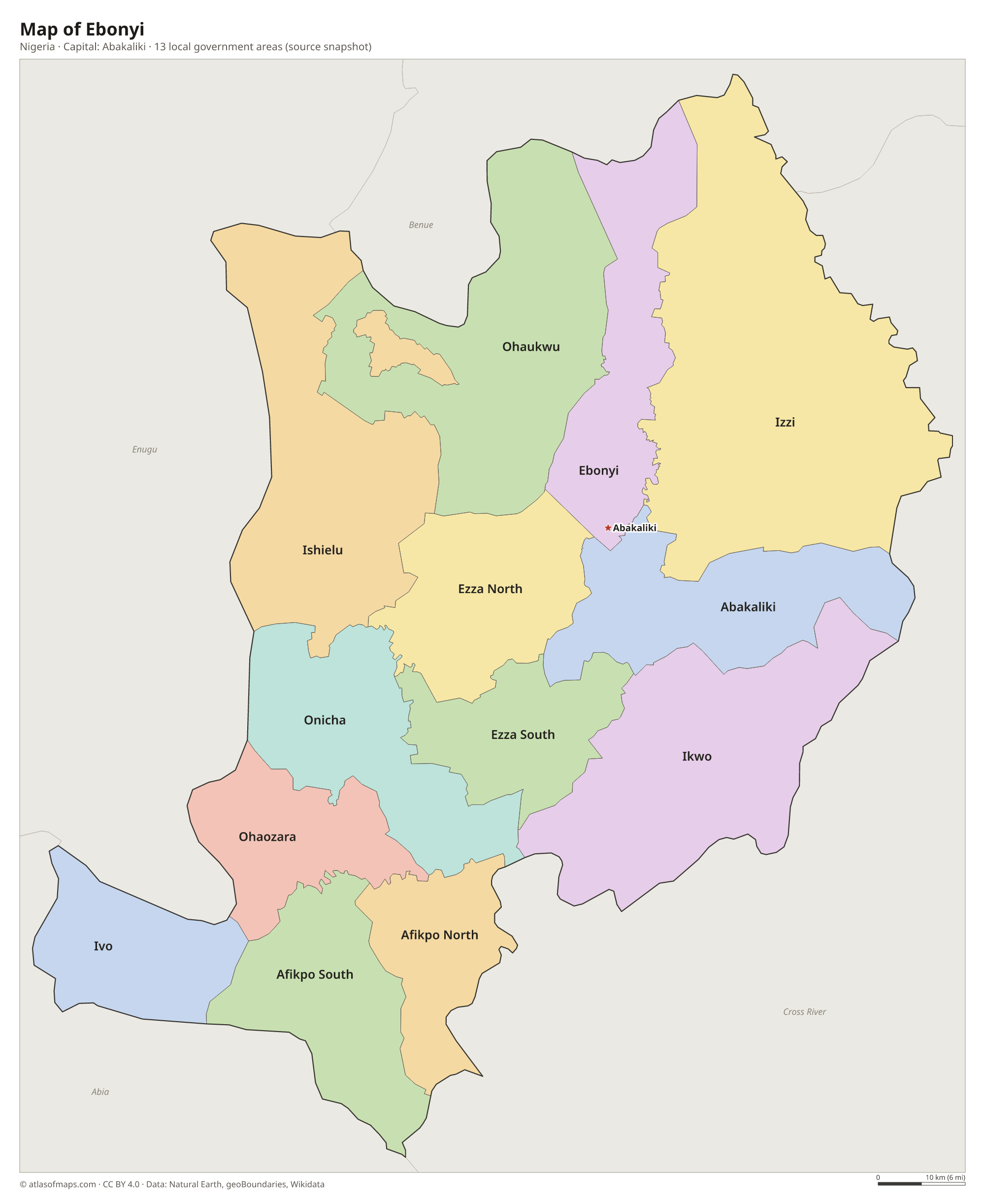Map of Ebonyi with the capital Abakaliki, cities and local government areas