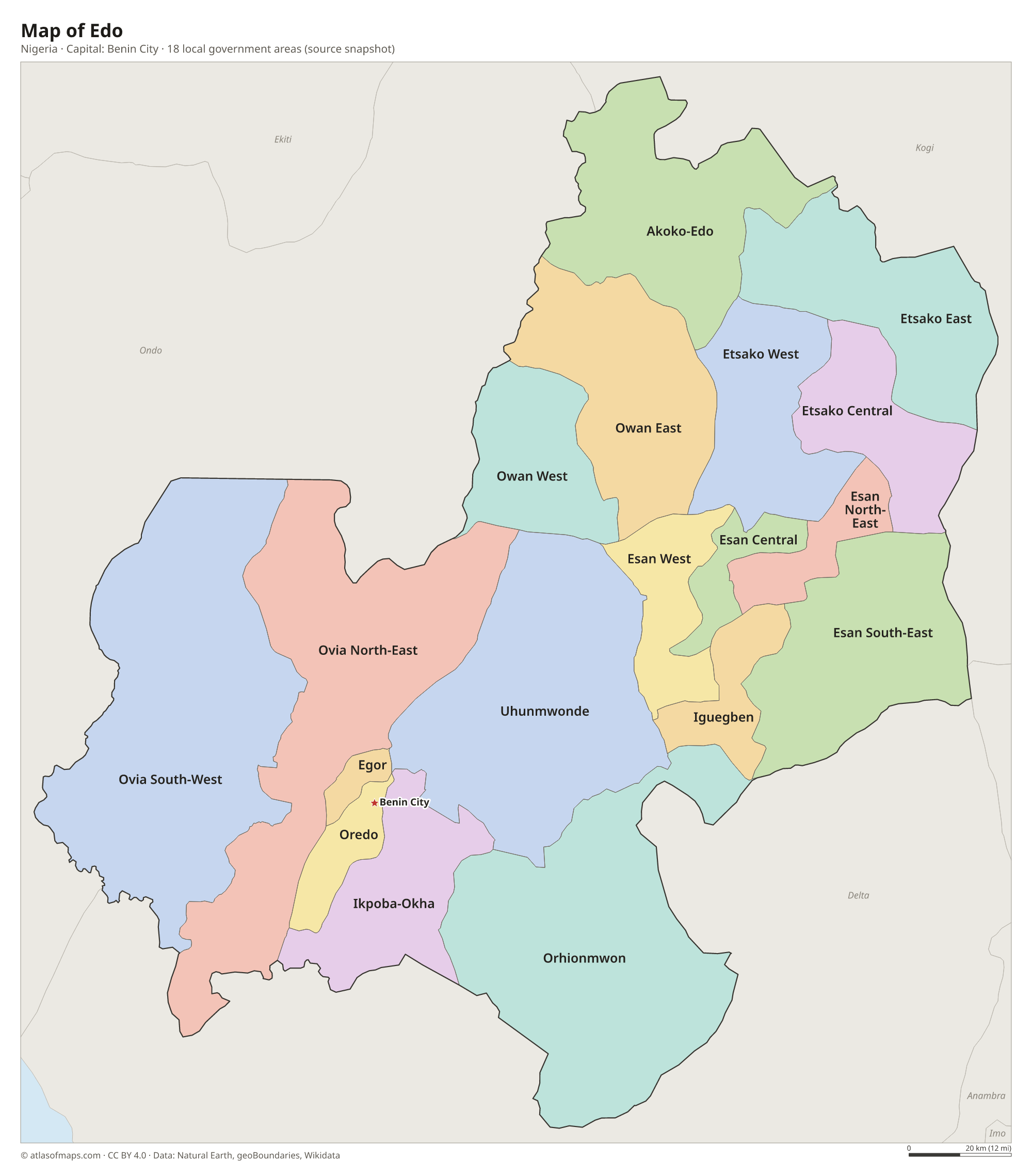 Map of Edo with the capital Benin City, cities and local government areas