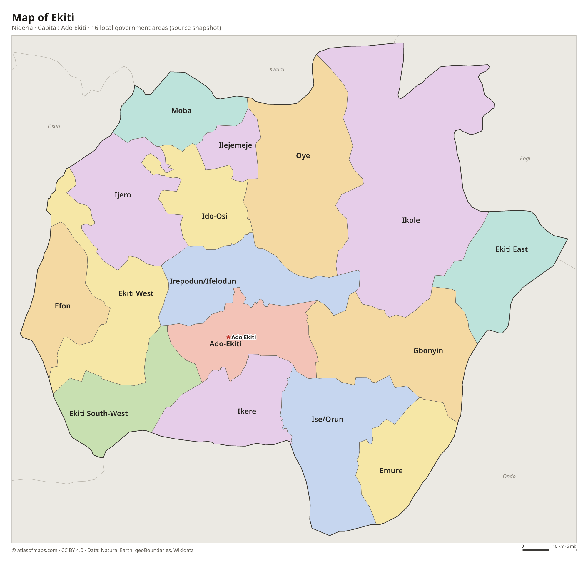Map of Ekiti with the capital Ado Ekiti, cities and local government areas