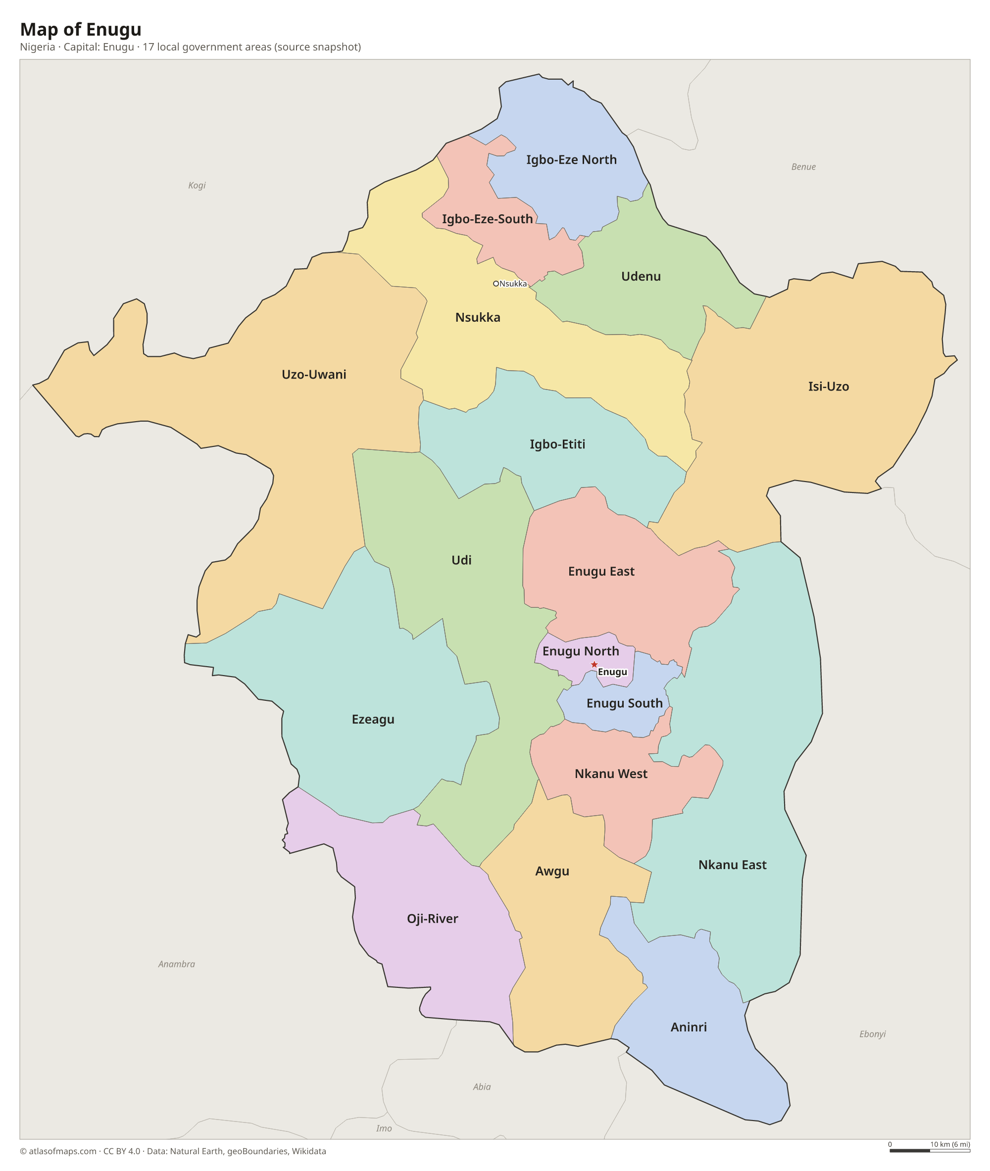 Map of Enugu with the capital Enugu, cities and local government areas