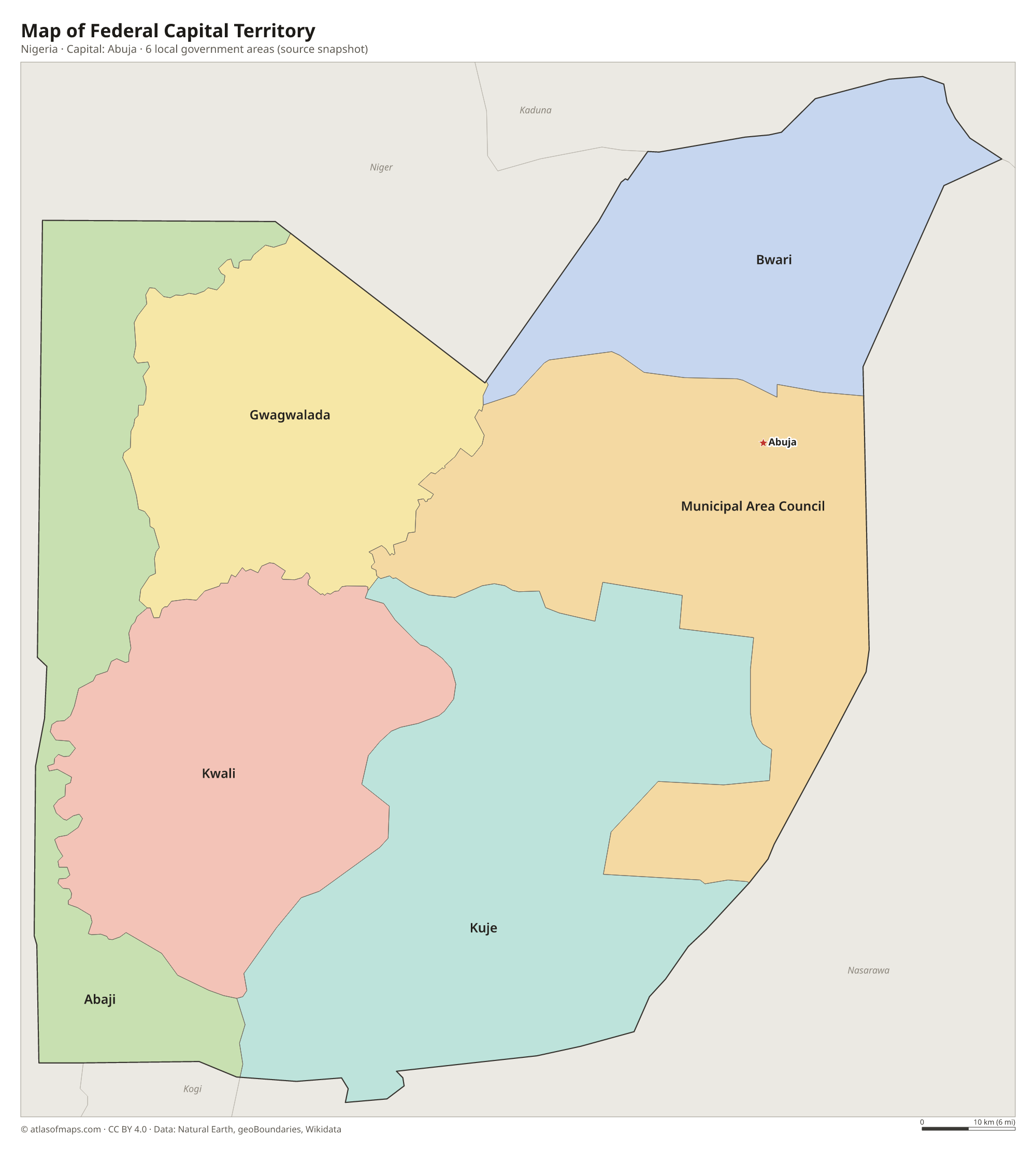 Map of Federal Capital Territory with the capital Abuja, cities and local government areas