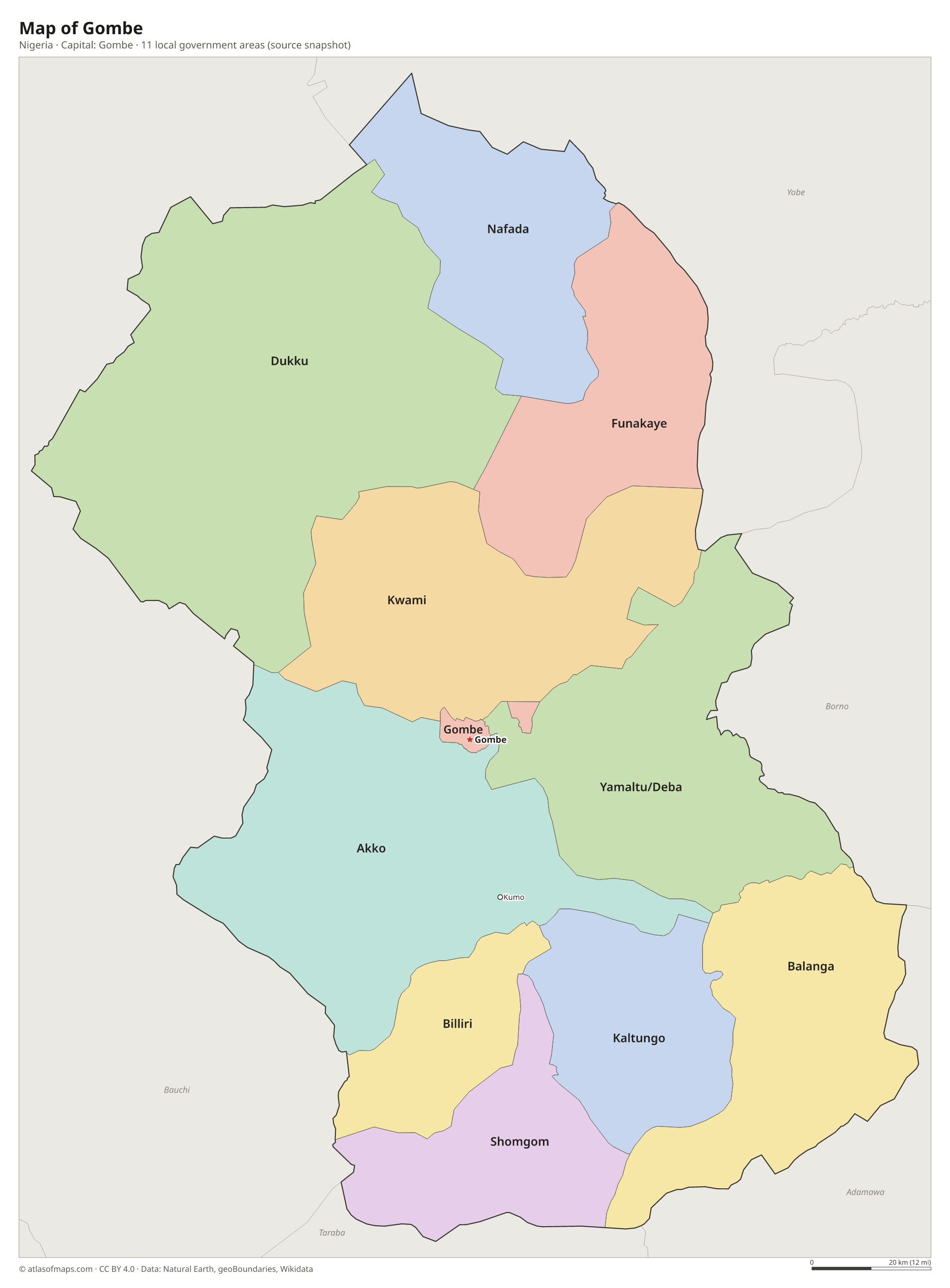 Map of Gombe with the capital Gombe, cities and local government areas
