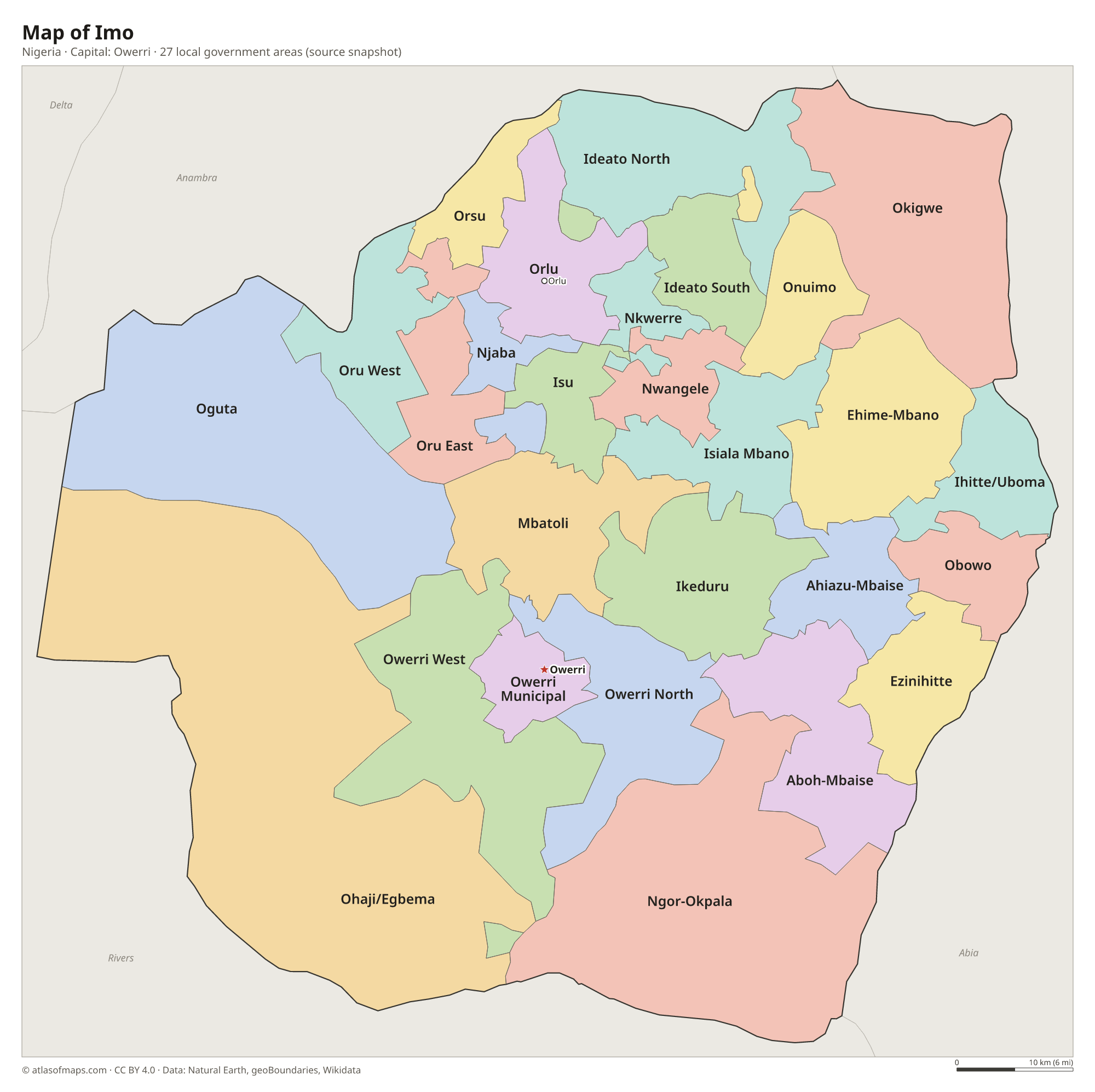 Map of Imo with the capital Owerri, cities and local government areas
