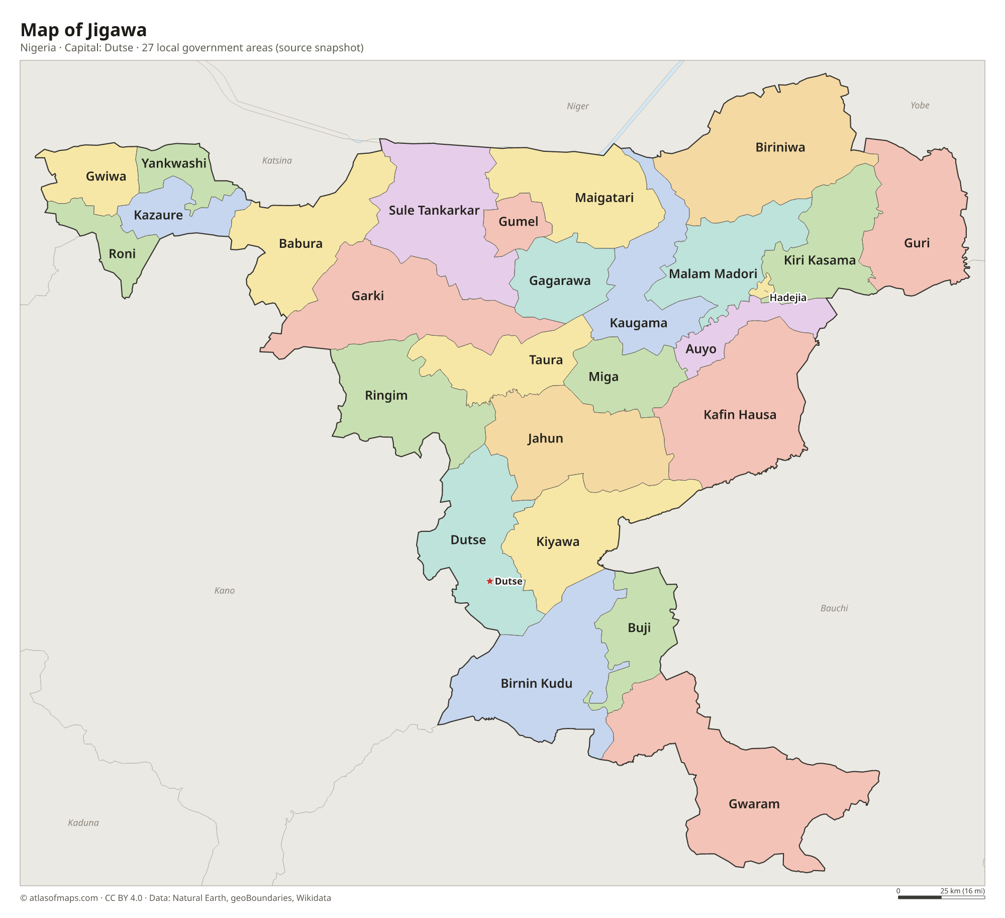 Map of Jigawa with the capital Dutse, cities and local government areas