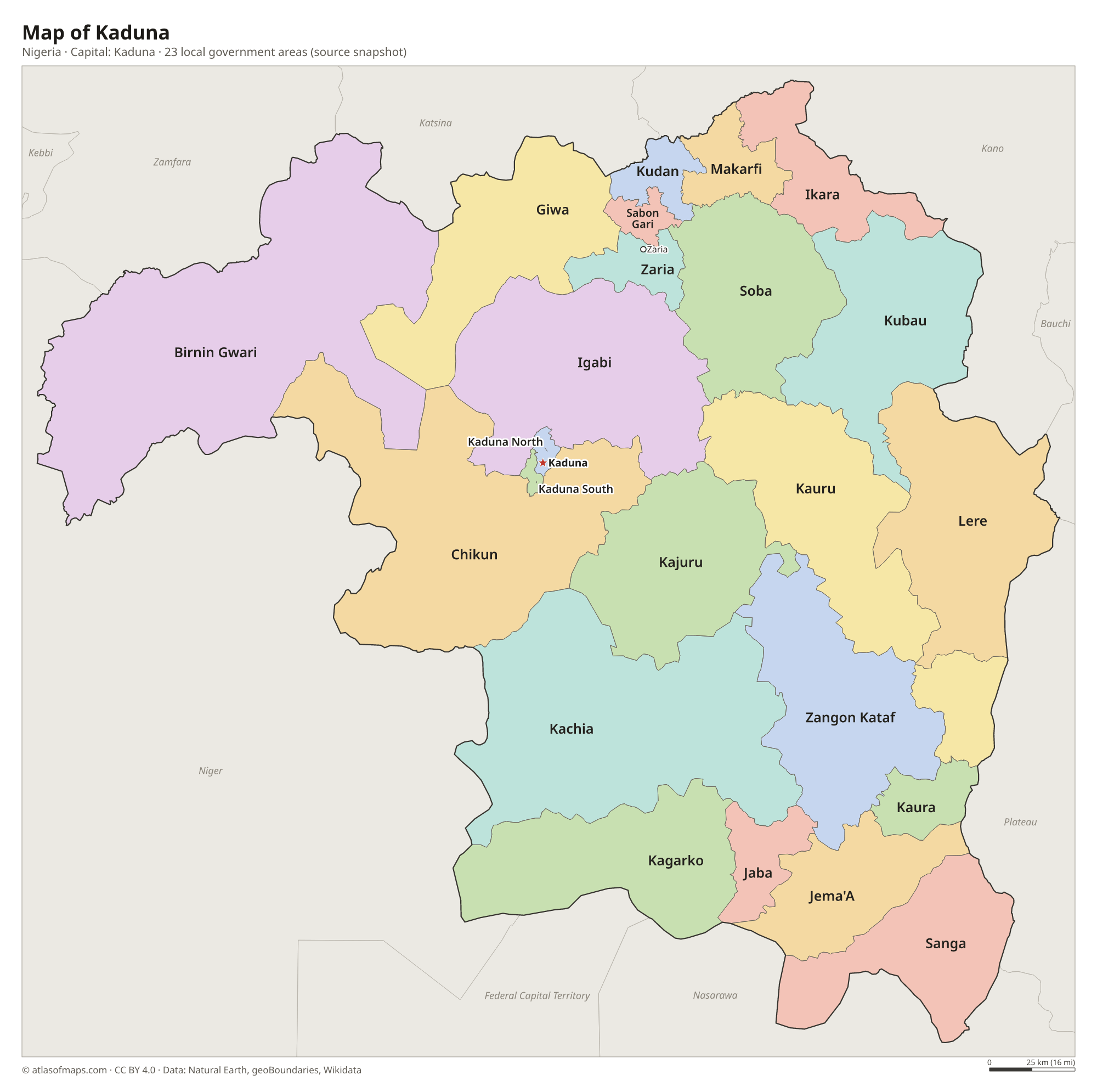 Map of Kaduna with the capital Kaduna, cities and local government areas