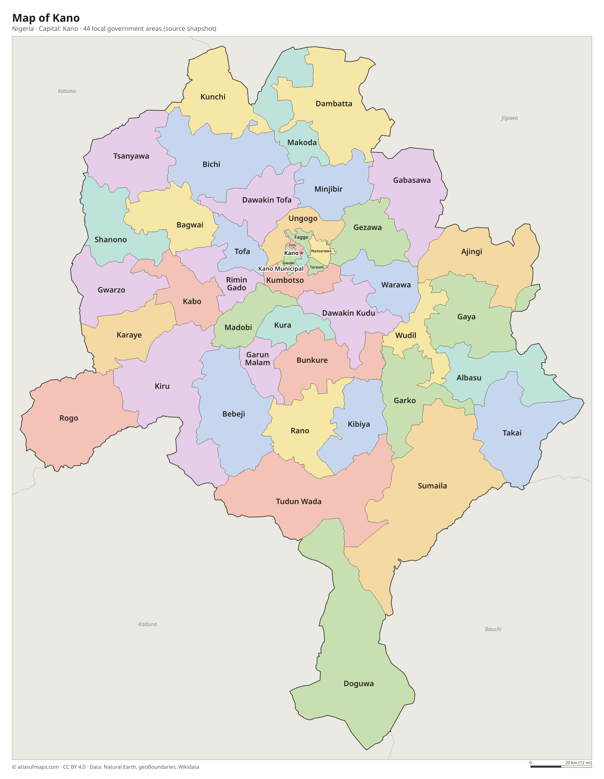 Map of Kano with the capital Kano, cities and local government areas