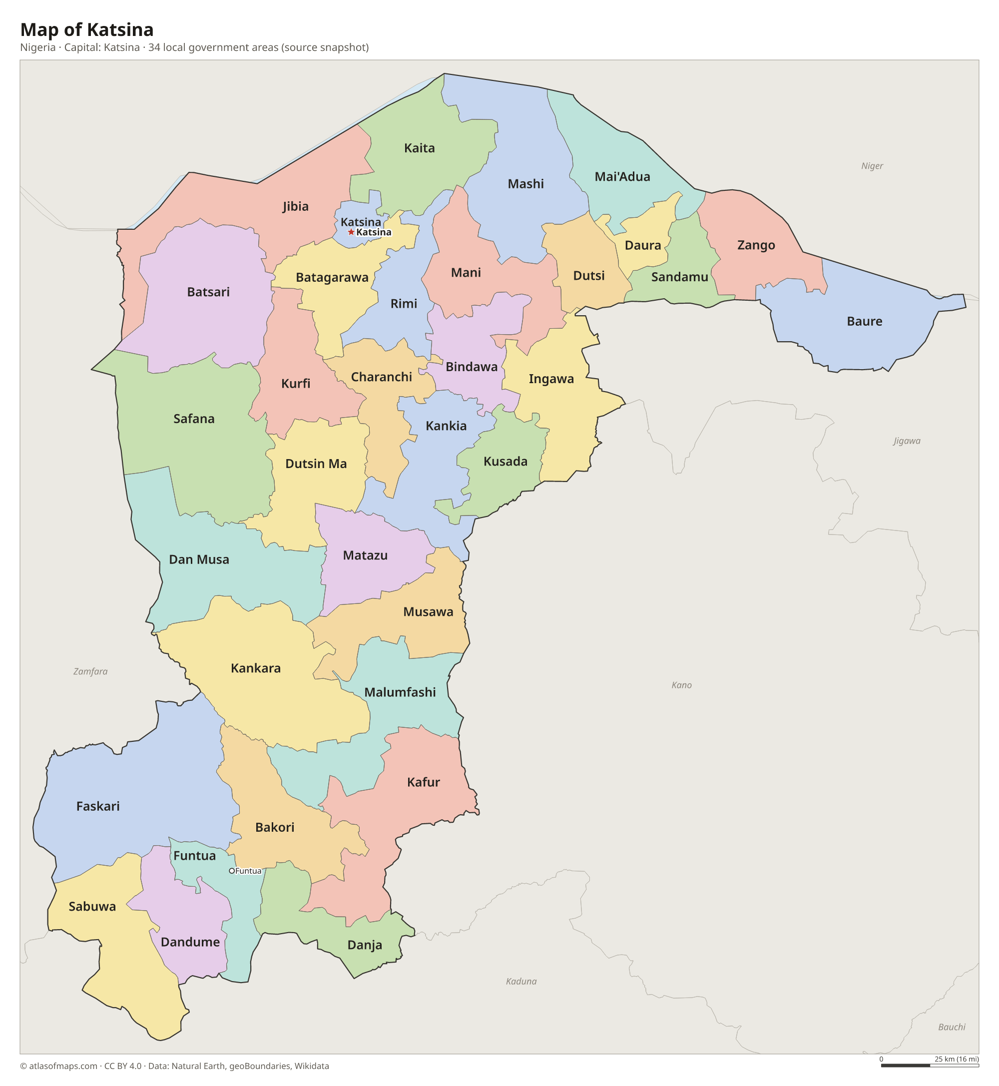 Map of Katsina with the capital Katsina, cities and local government areas