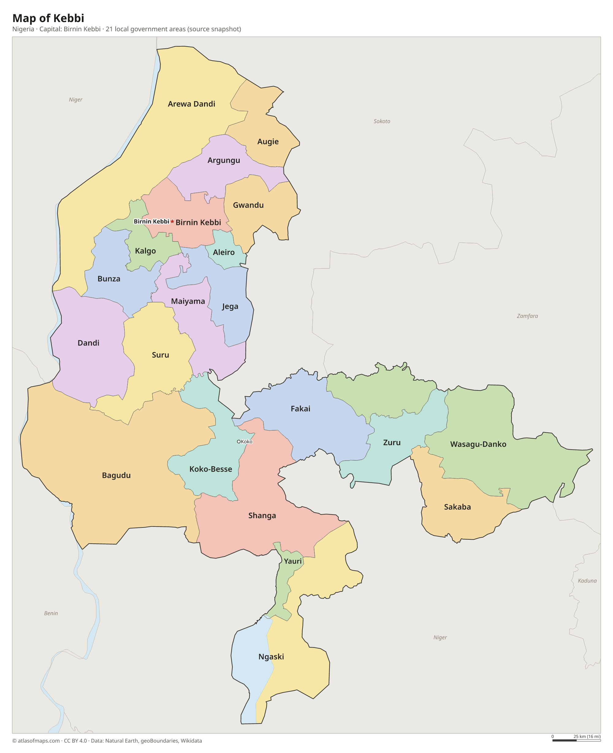 Map of Kebbi with the capital Birnin Kebbi, cities and local government areas