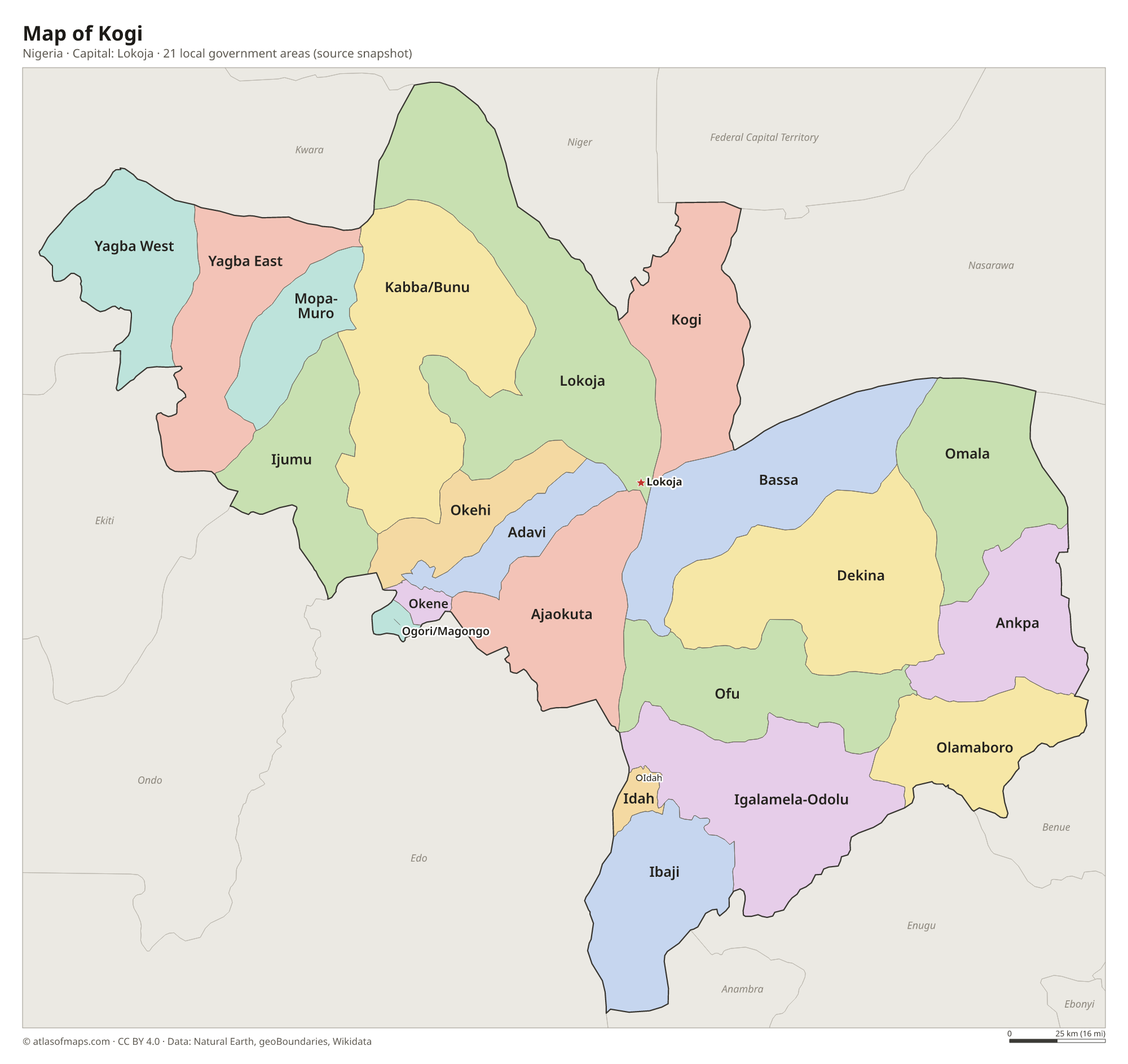Map of Kogi with the capital Lokoja, cities and local government areas