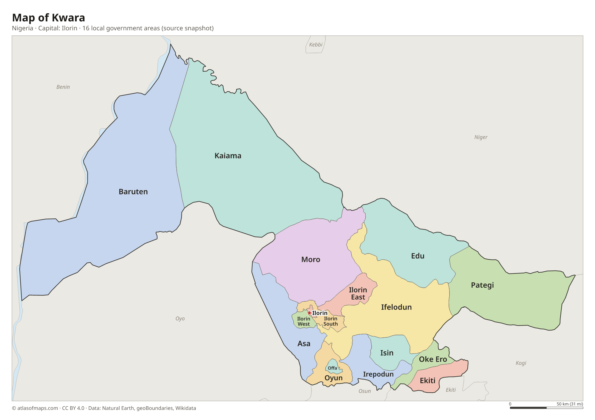 Map of Kwara with the capital Ilorin, cities and local government areas