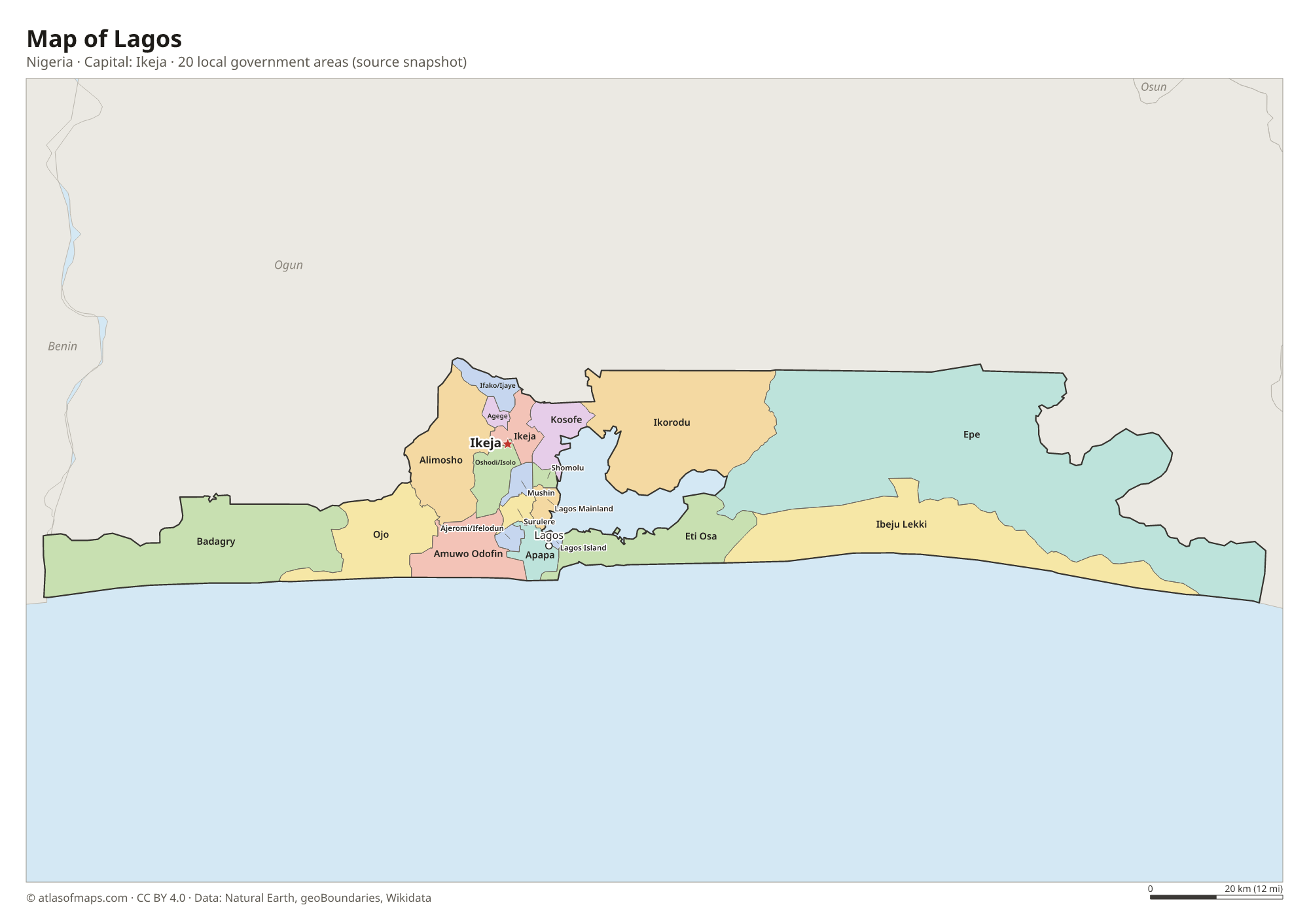 Map of Lagos with the capital Ikeja, cities and local government areas