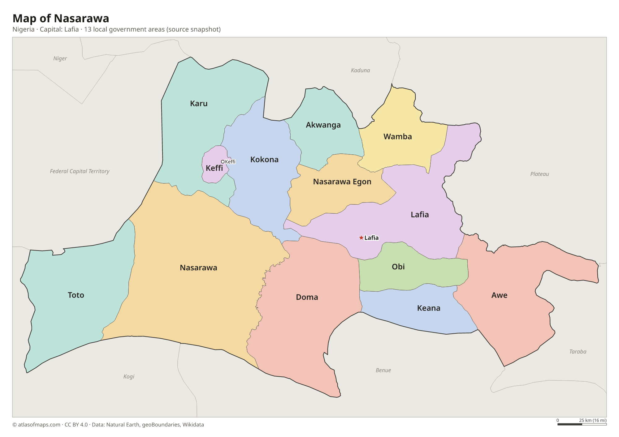 Map of Nasarawa with the capital Lafia, cities and local government areas