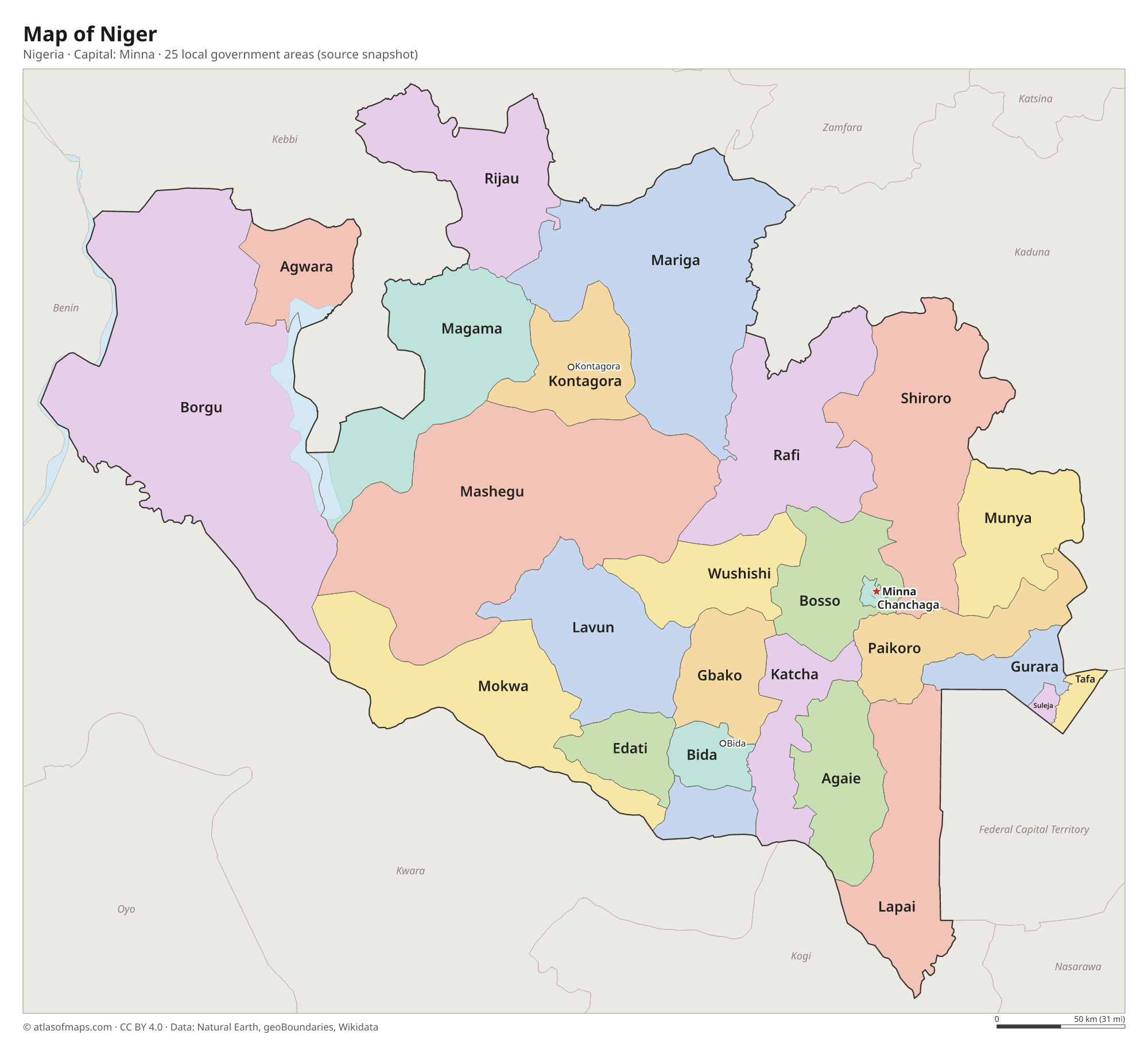 Map of Niger with the capital Minna, cities and local government areas