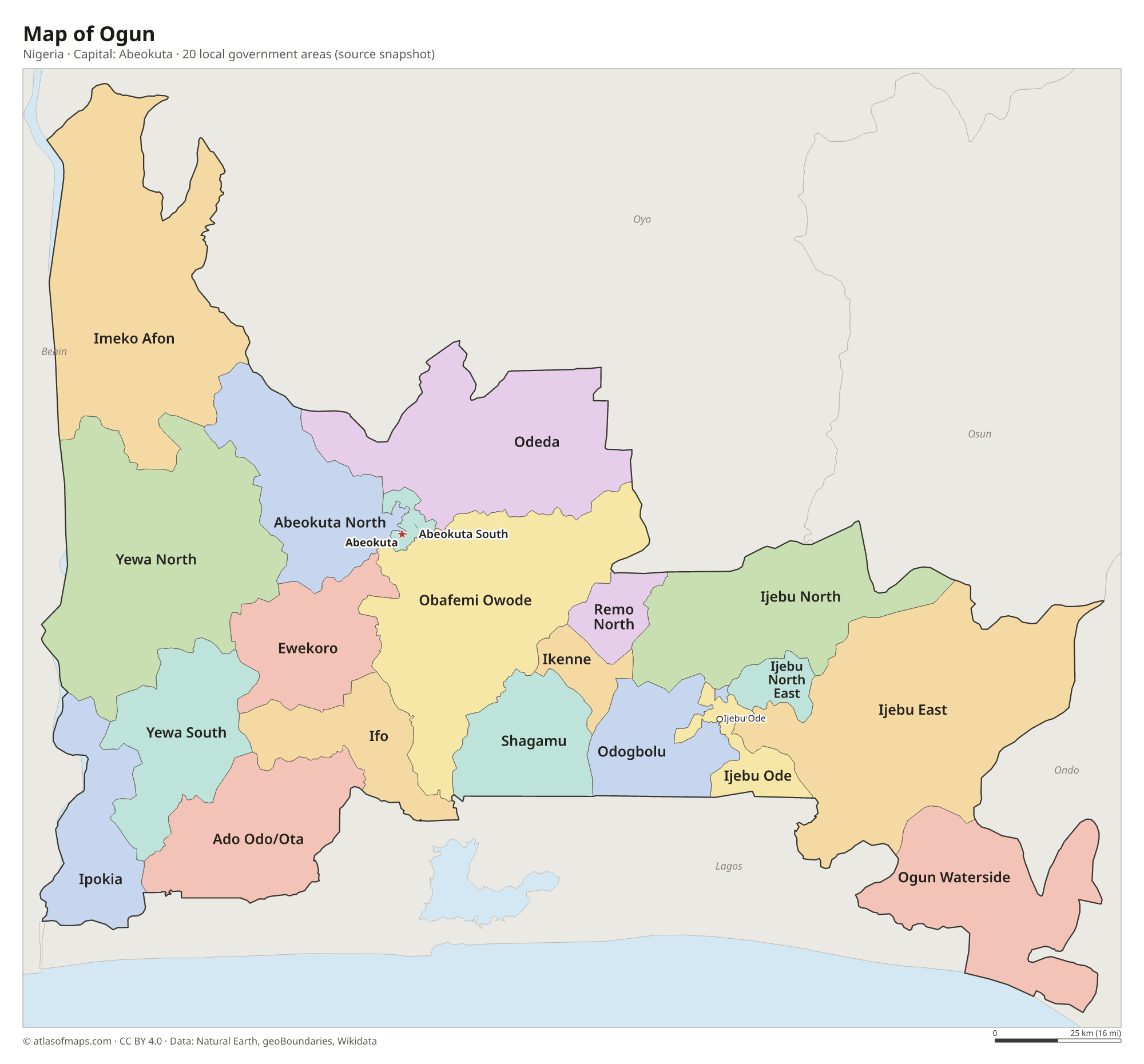 Map of Ogun with the capital Abeokuta, cities and local government areas