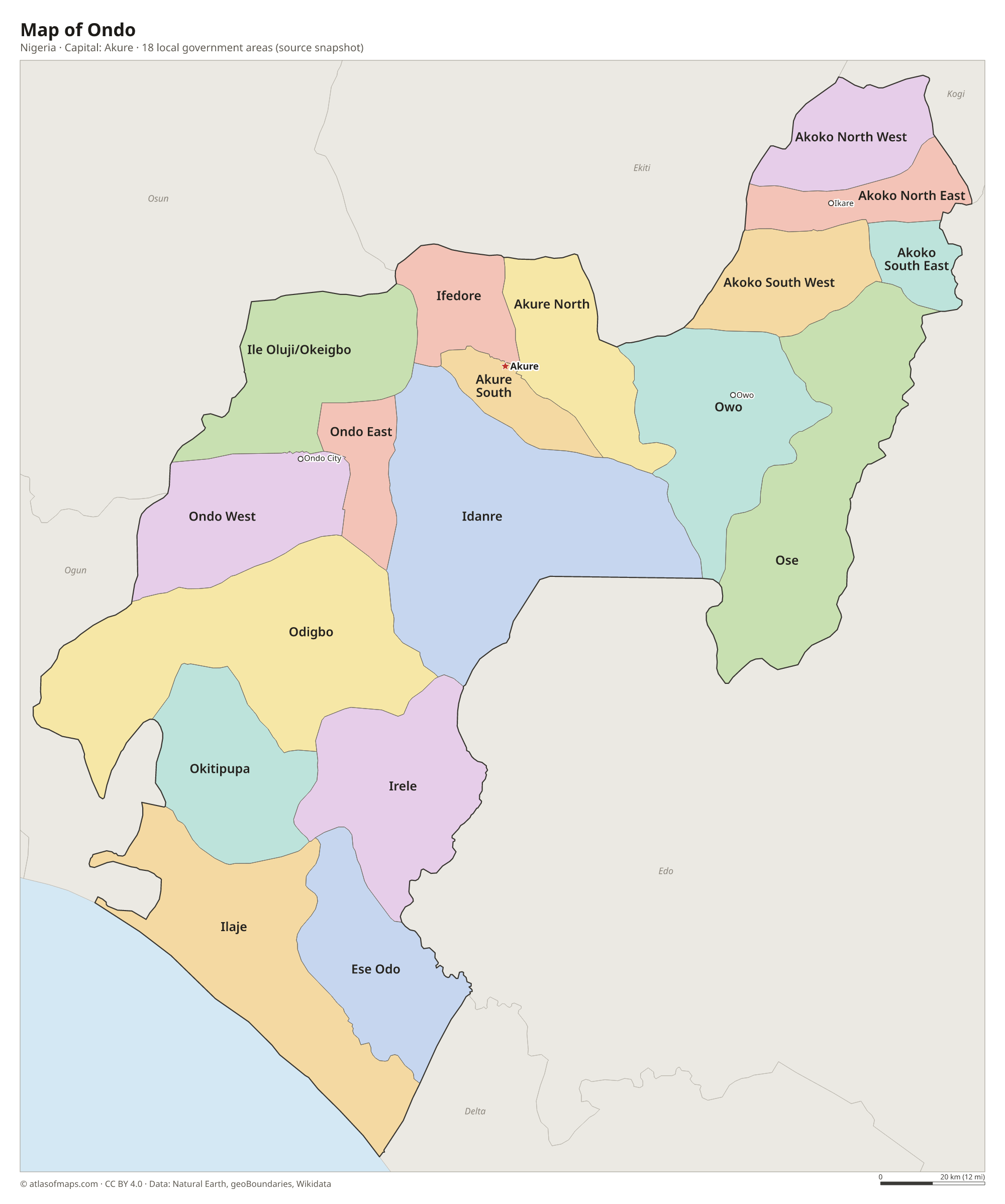 Map of Ondo with the capital Akure, cities and local government areas