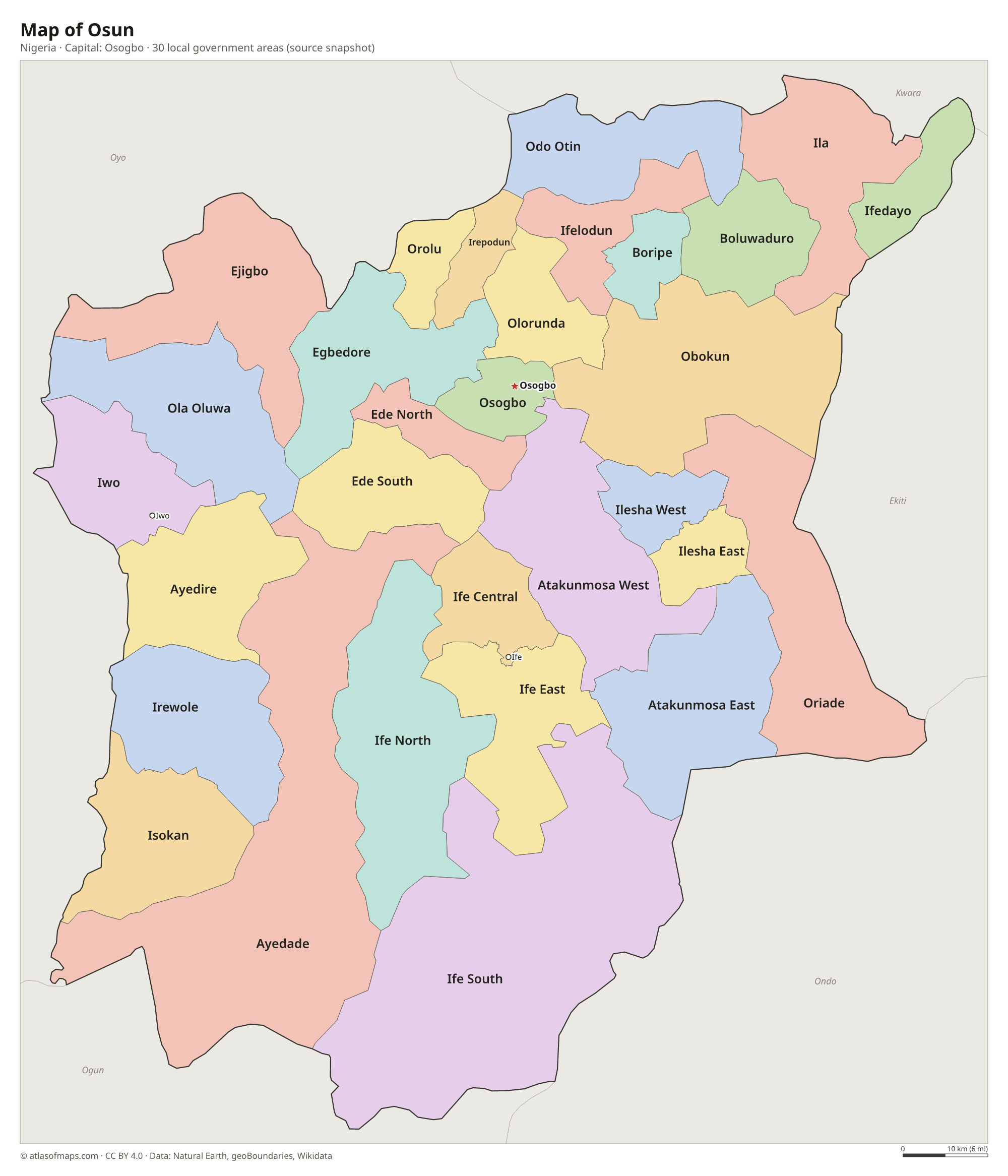 Map of Osun with the capital Osogbo, cities and local government areas