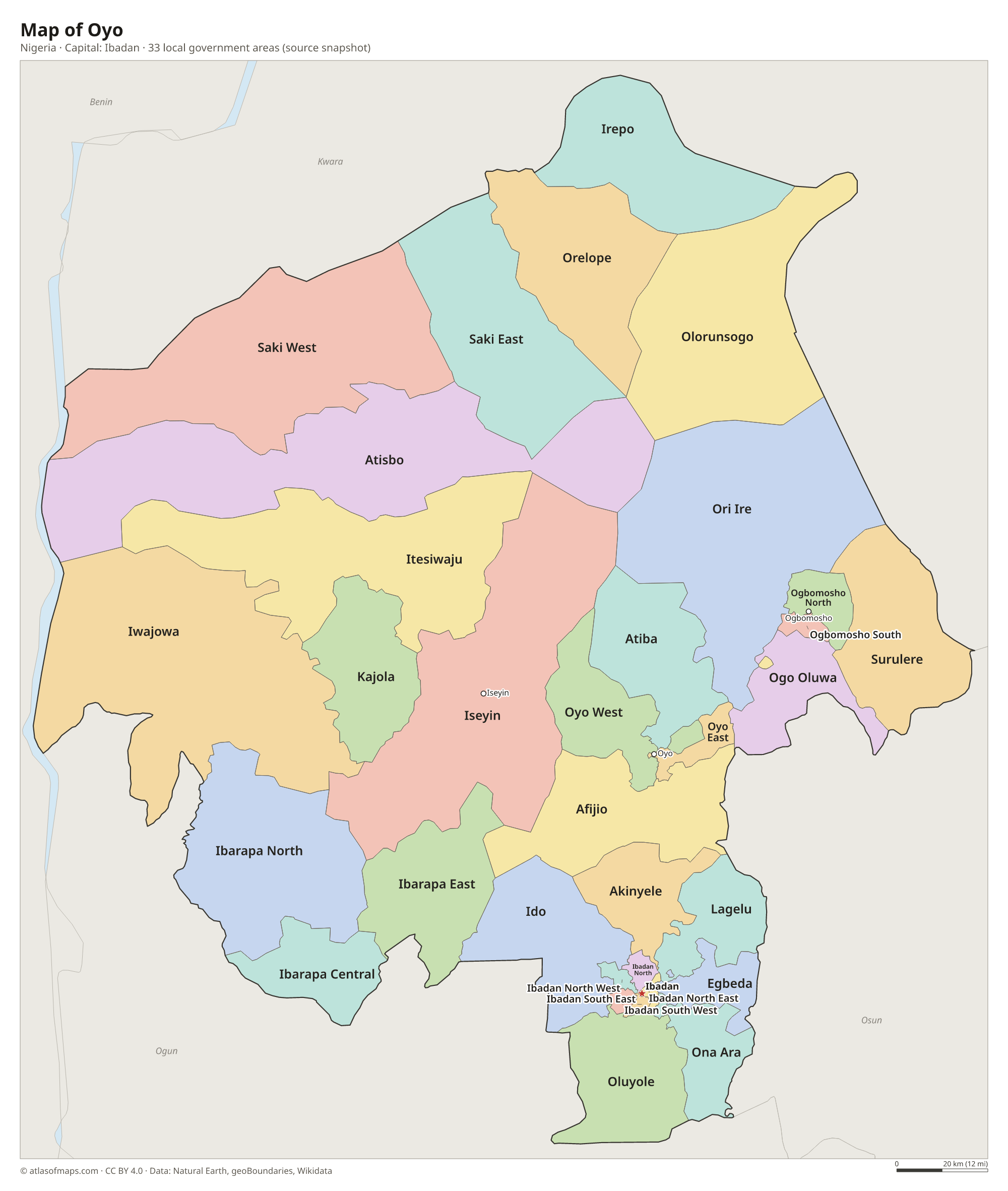 Map of Oyo with the capital Ibadan, cities and local government areas