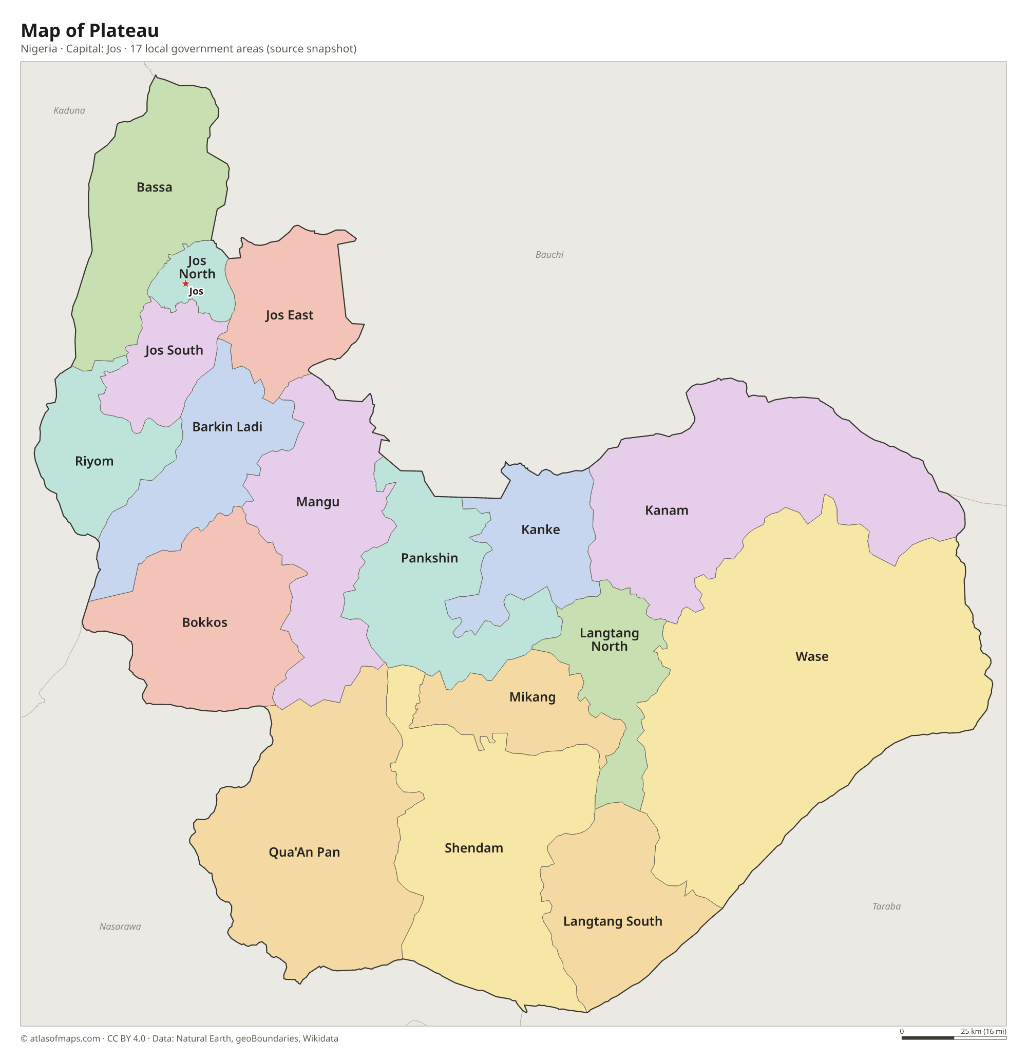 Map of Plateau with the capital Jos, cities and local government areas