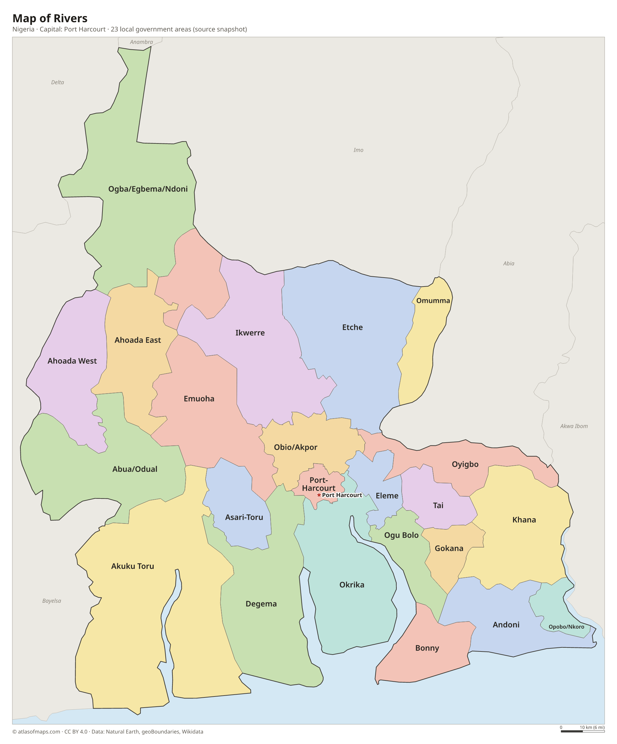 Map of Rivers with the capital Port Harcourt, cities and local government areas
