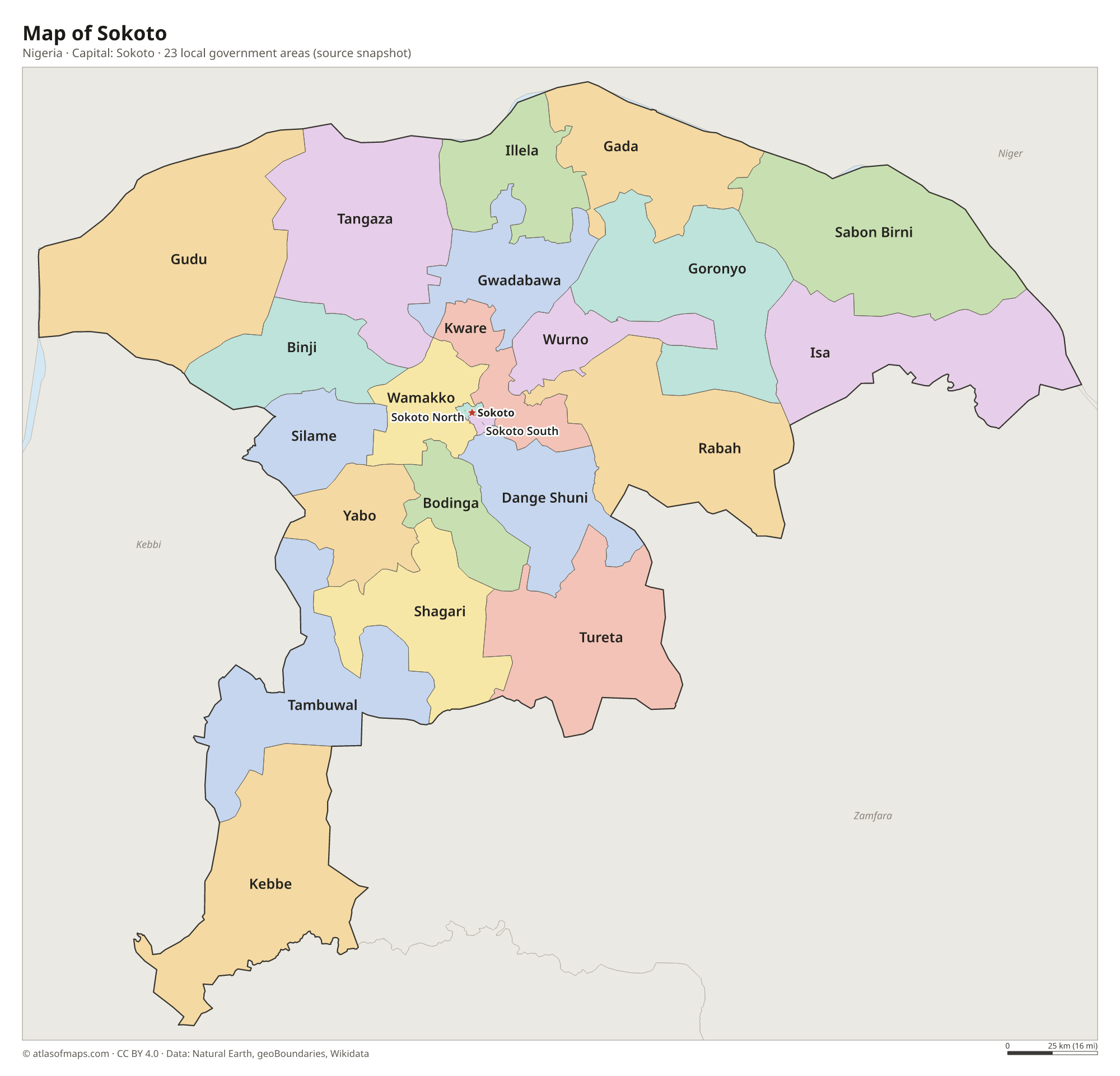 Map of Sokoto with the capital Sokoto, cities and local government areas