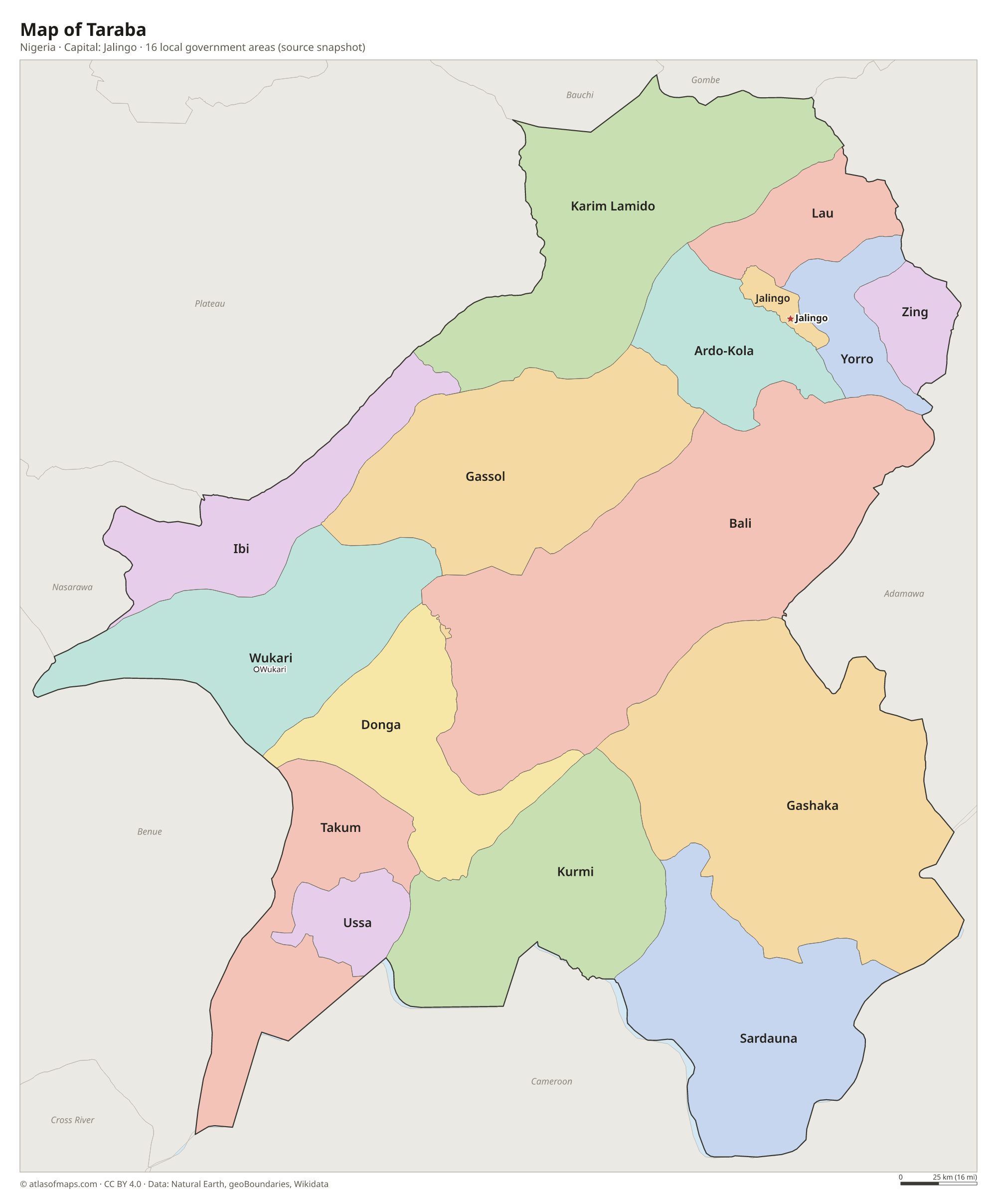 Map of Taraba with the capital Jalingo, cities and local government areas