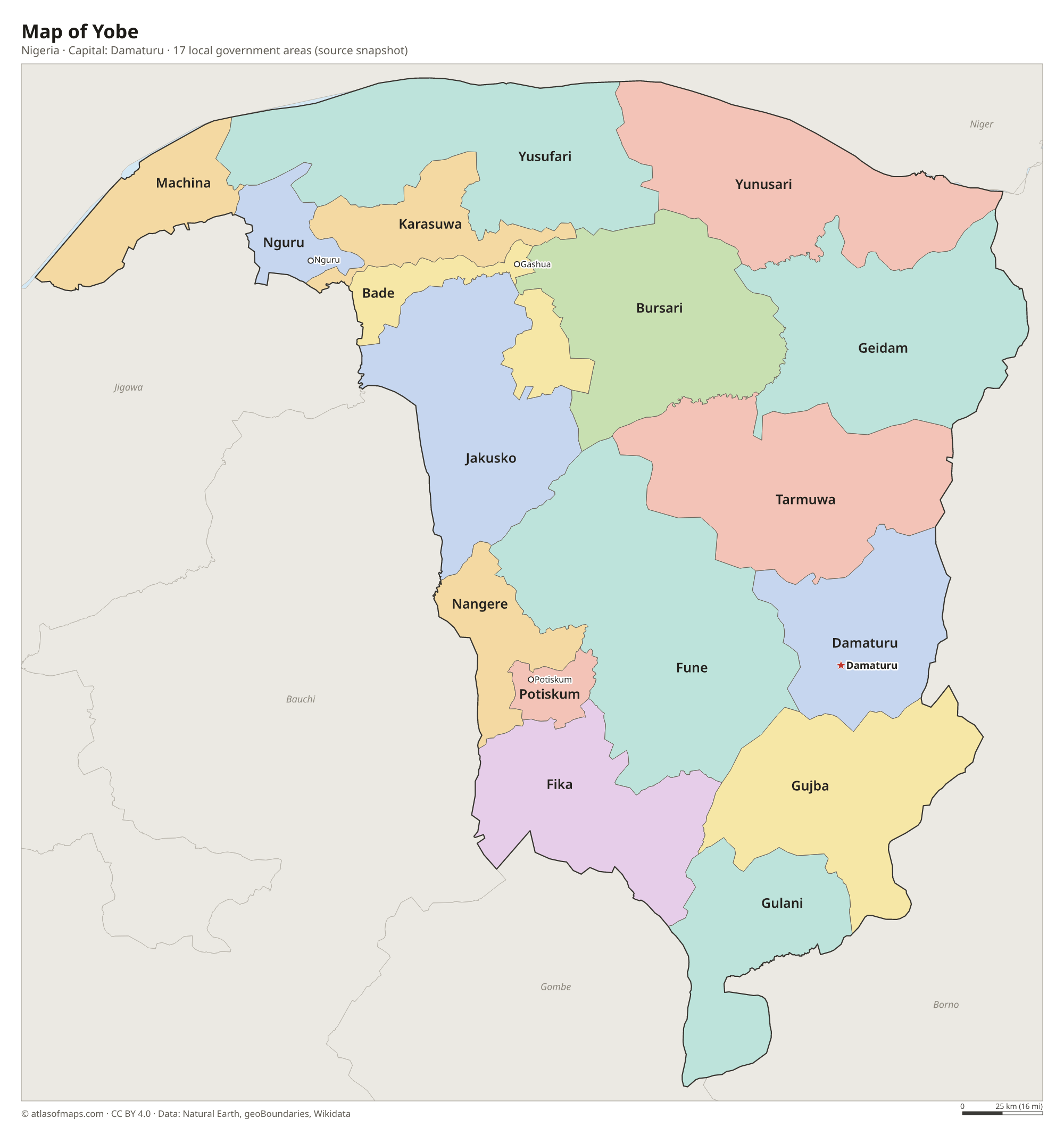 Map of Yobe with the capital Damaturu, cities and local government areas