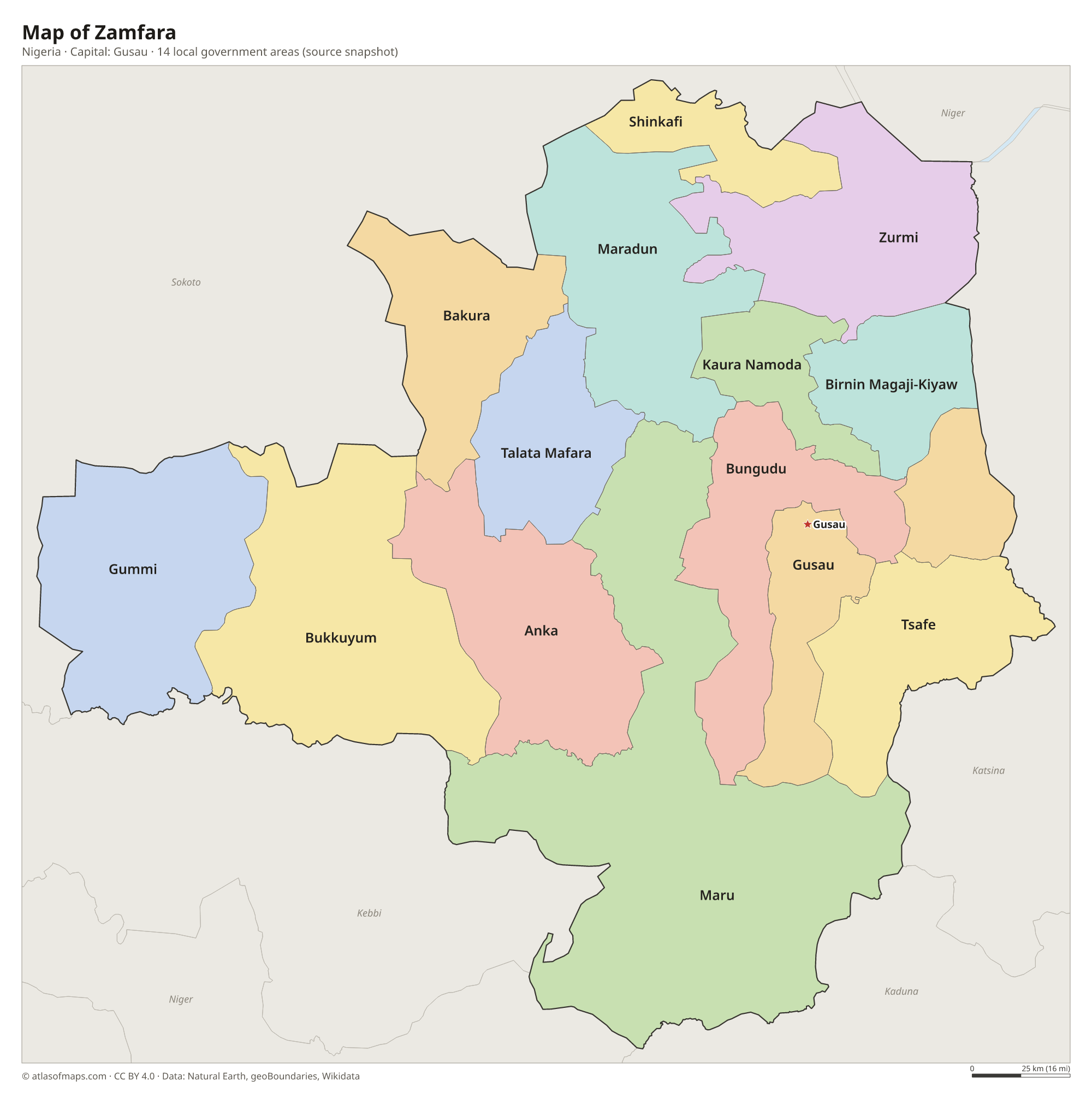 Map of Zamfara with the capital Gusau, cities and local government areas