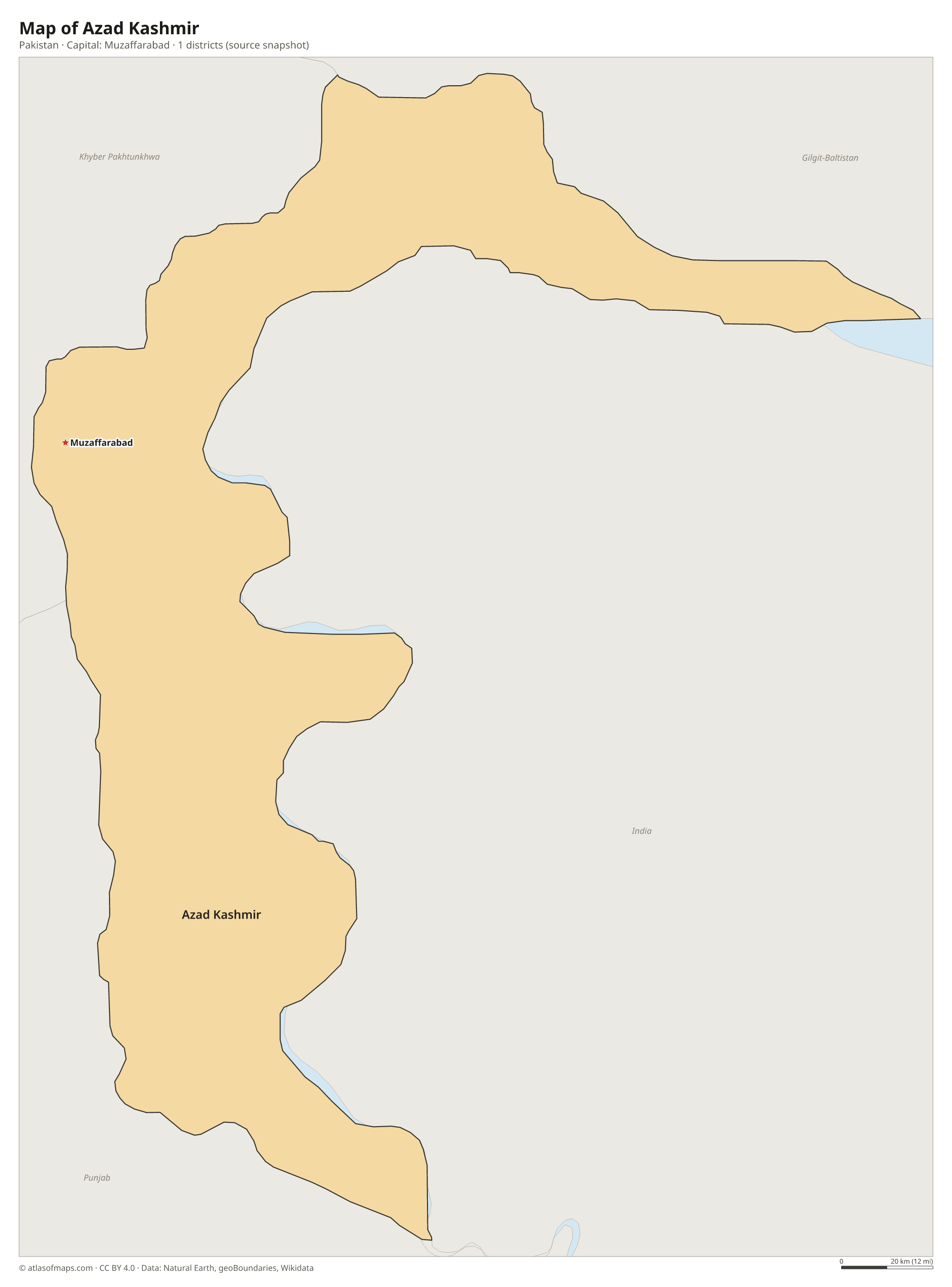 Map of Azad Kashmir with the capital Muzaffarabad, cities and districts