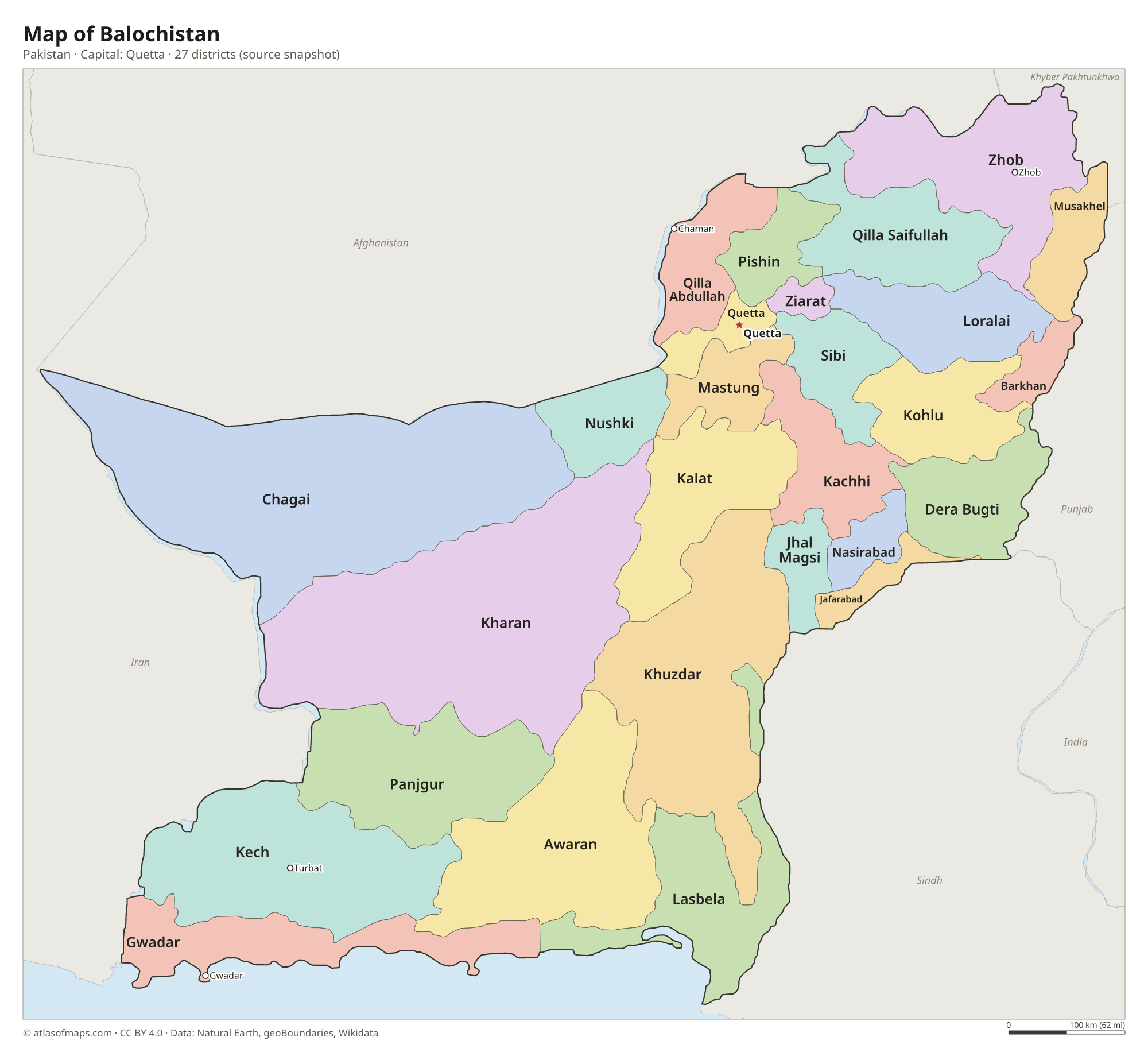Map of Balochistan with the capital Quetta, cities and districts
