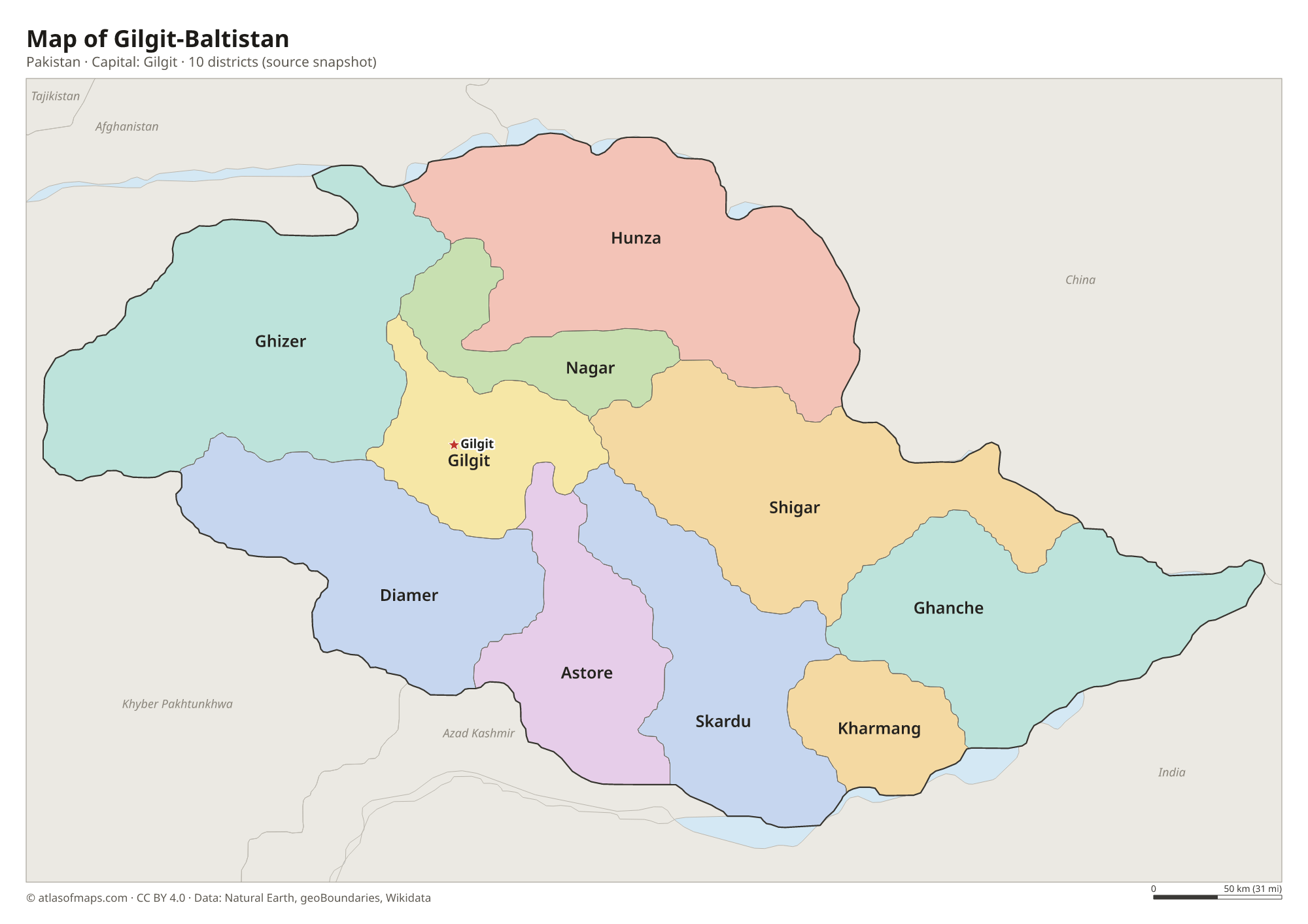 Map of Gilgit-Baltistan with the capital Gilgit, cities and districts