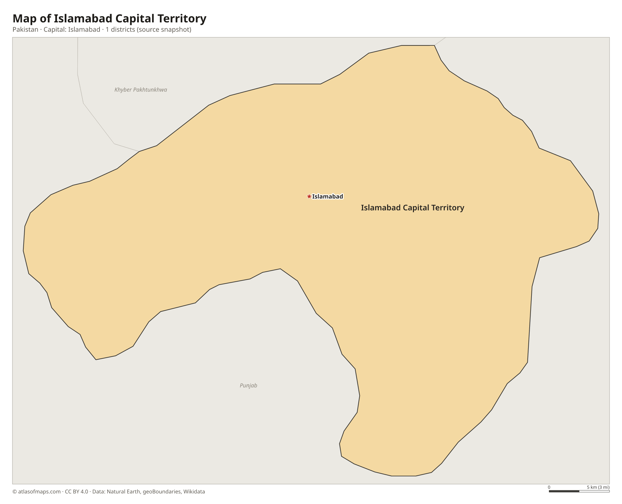 Map of Islamabad Capital Territory with the capital Islamabad, cities and districts