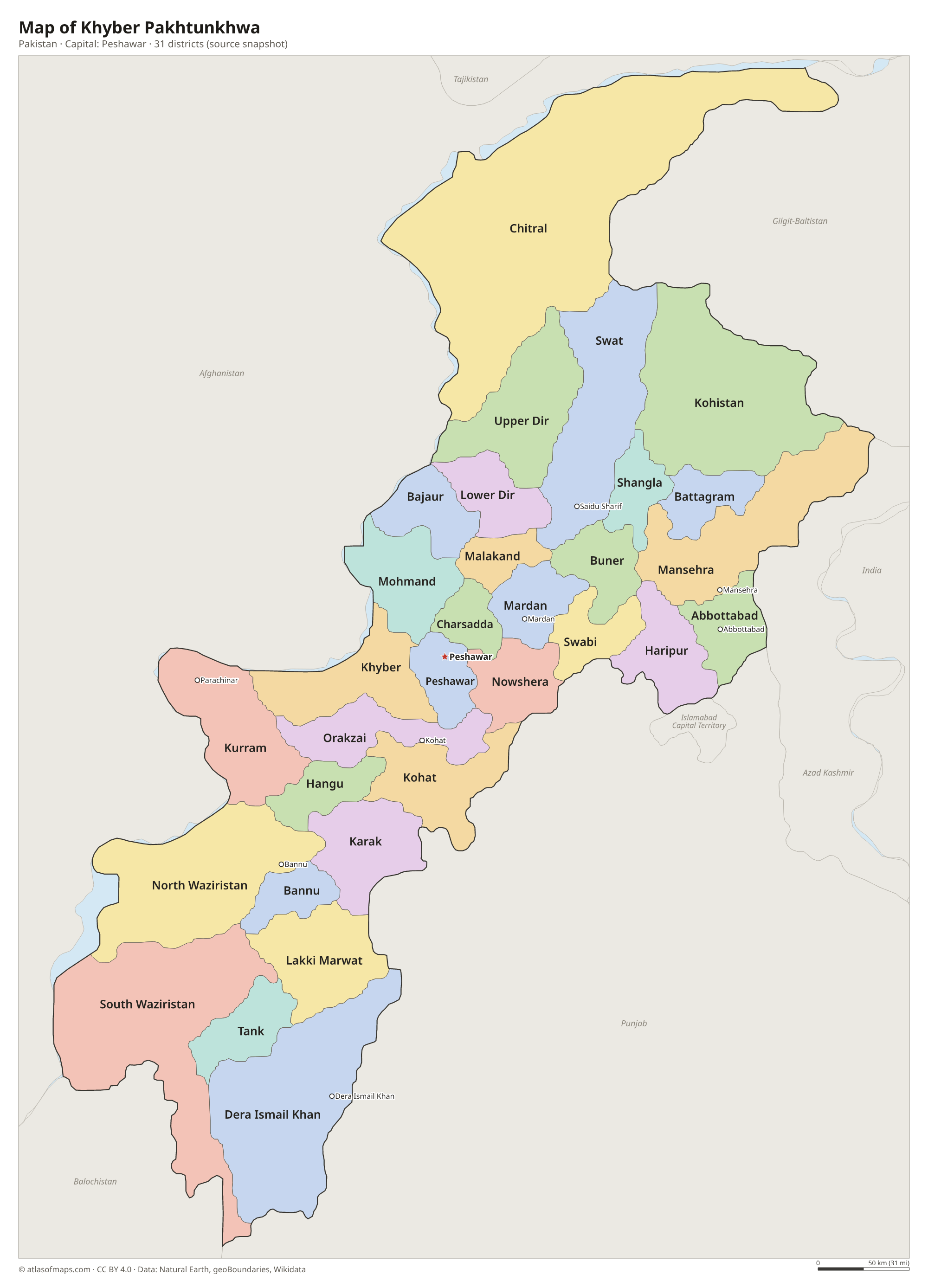 Map of Khyber Pakhtunkhwa with the capital Peshawar, cities and districts