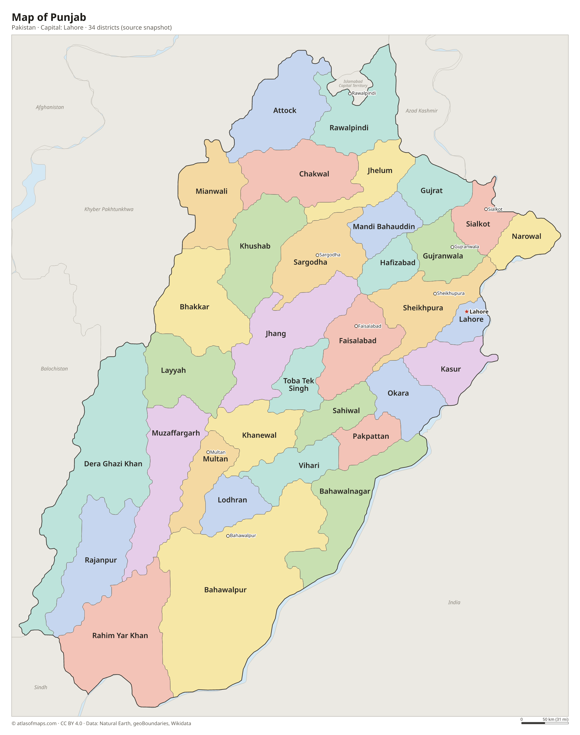 Map of Punjab (Pakistan) with the capital Lahore, cities and districts