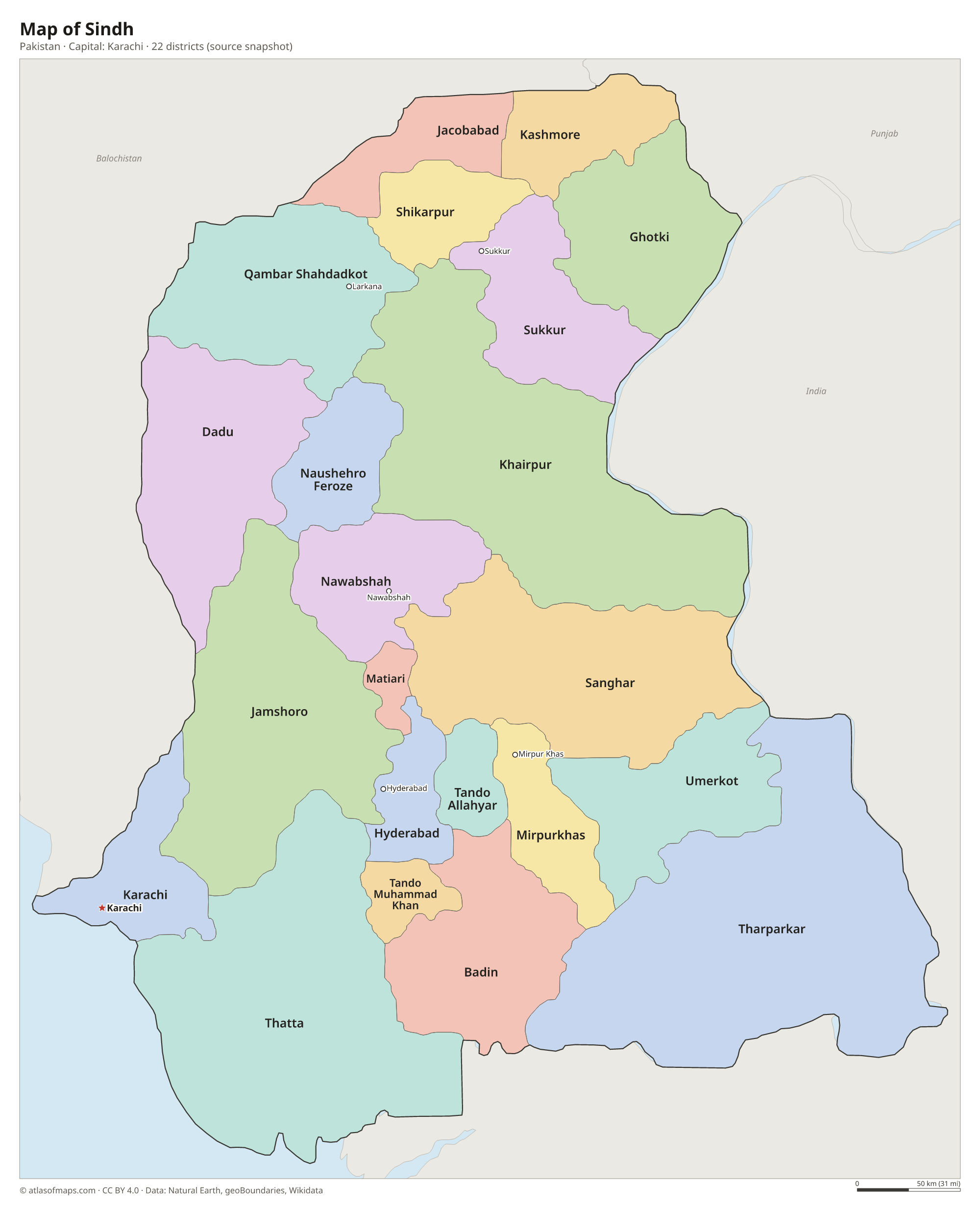 Map of Sindh with the capital Karachi, cities and districts