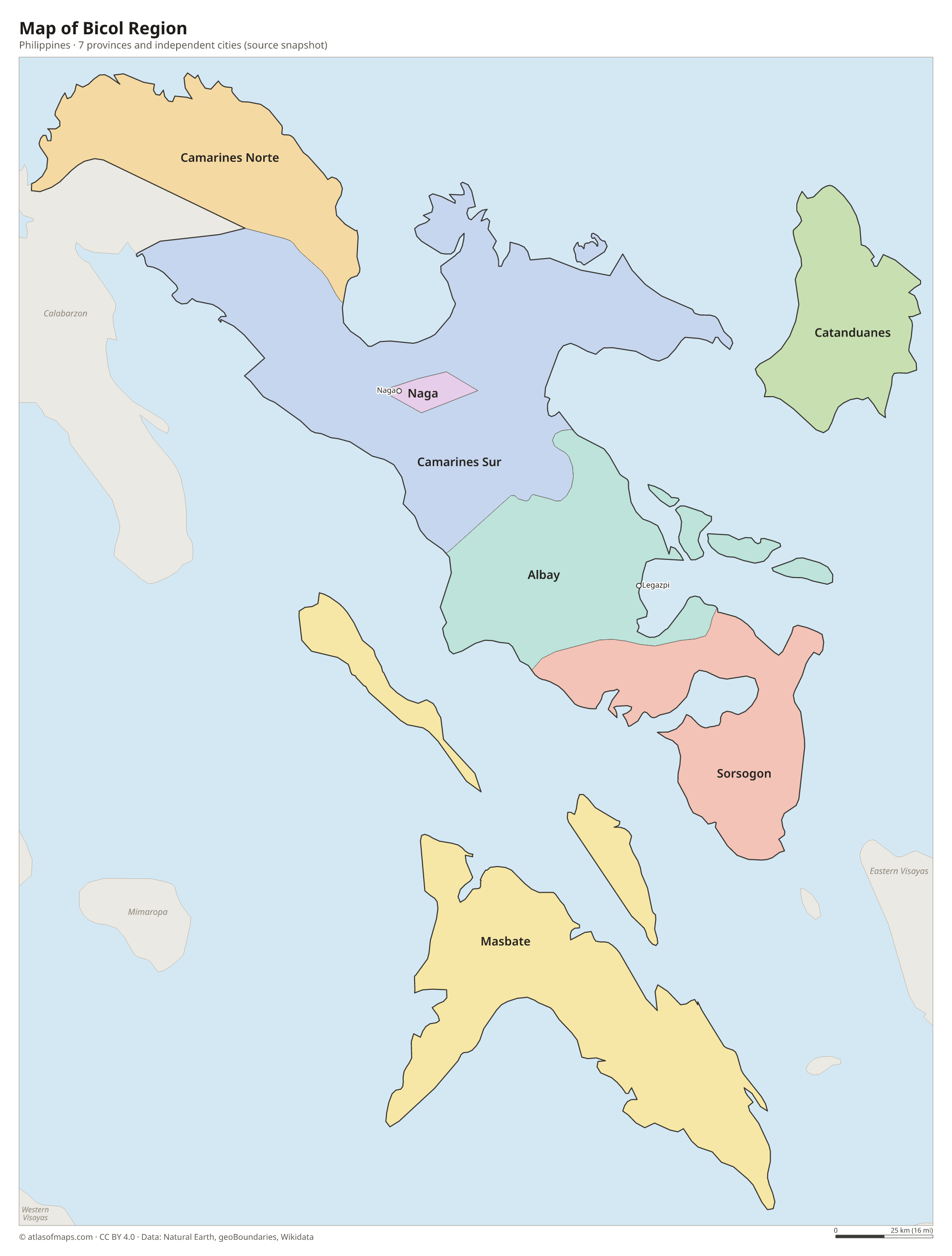 Map of Bicol Region, cities and provinces and independent cities