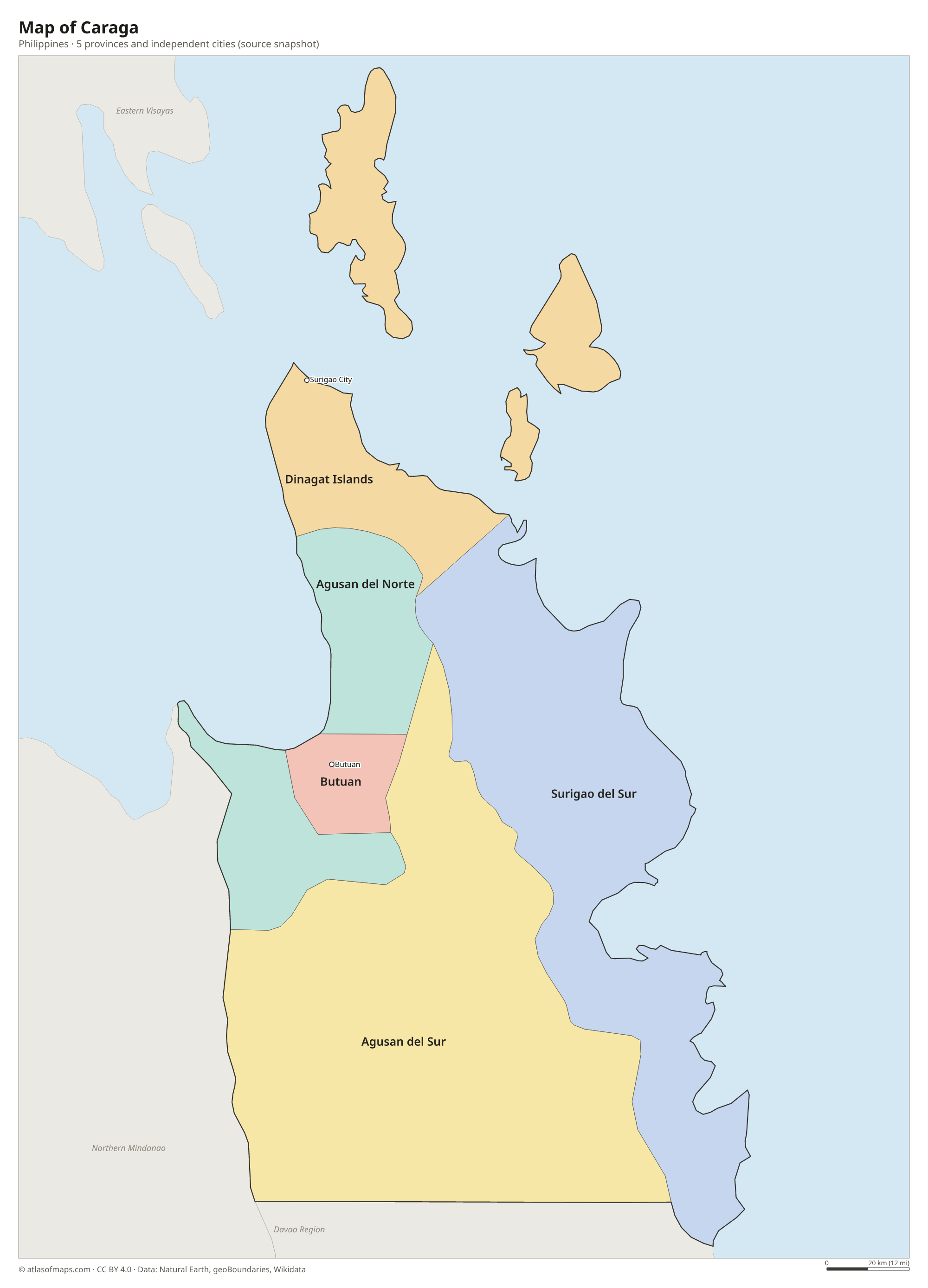 Map of Caraga, cities and provinces and independent cities