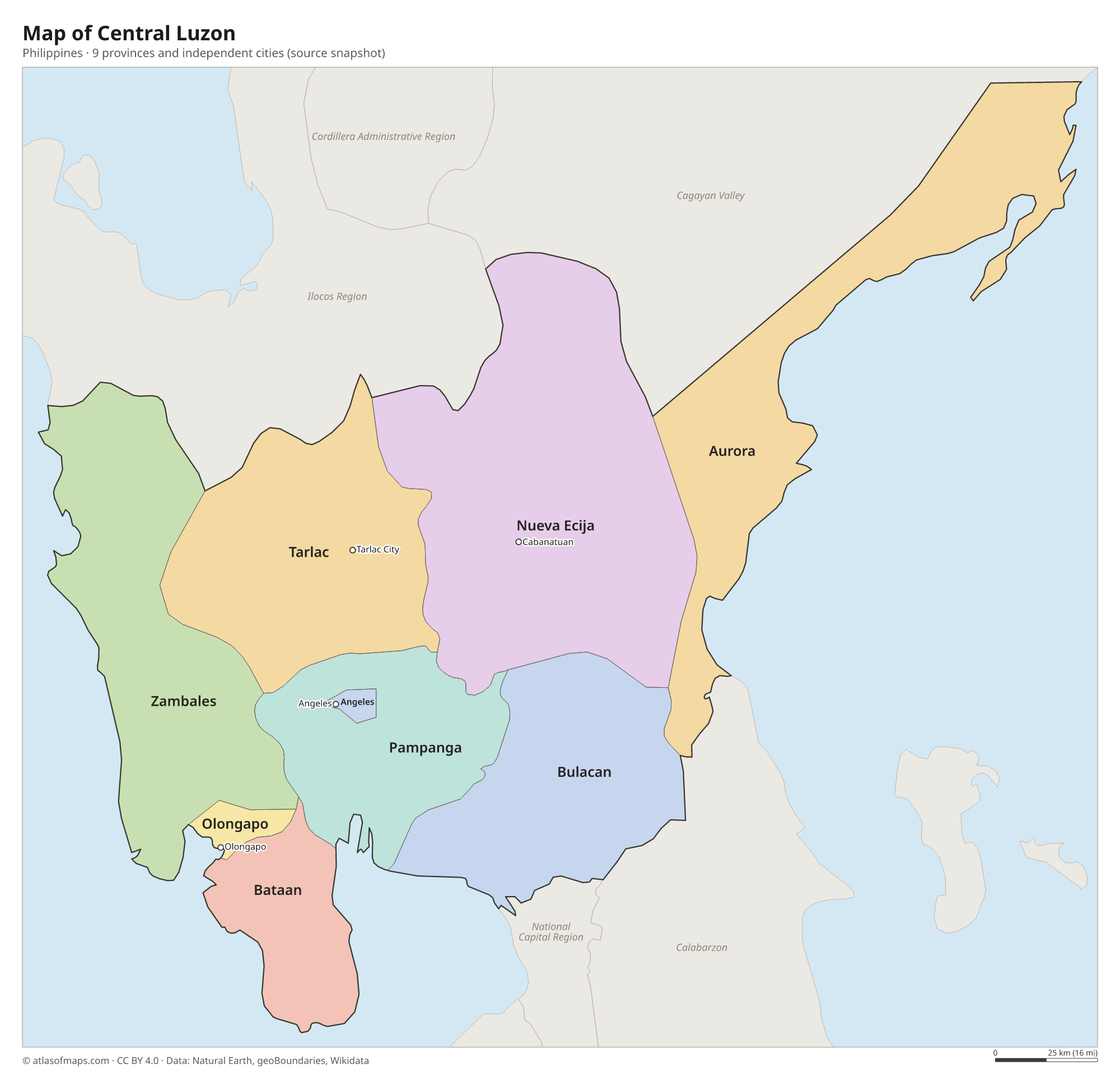 Map of Central Luzon, cities and provinces and independent cities