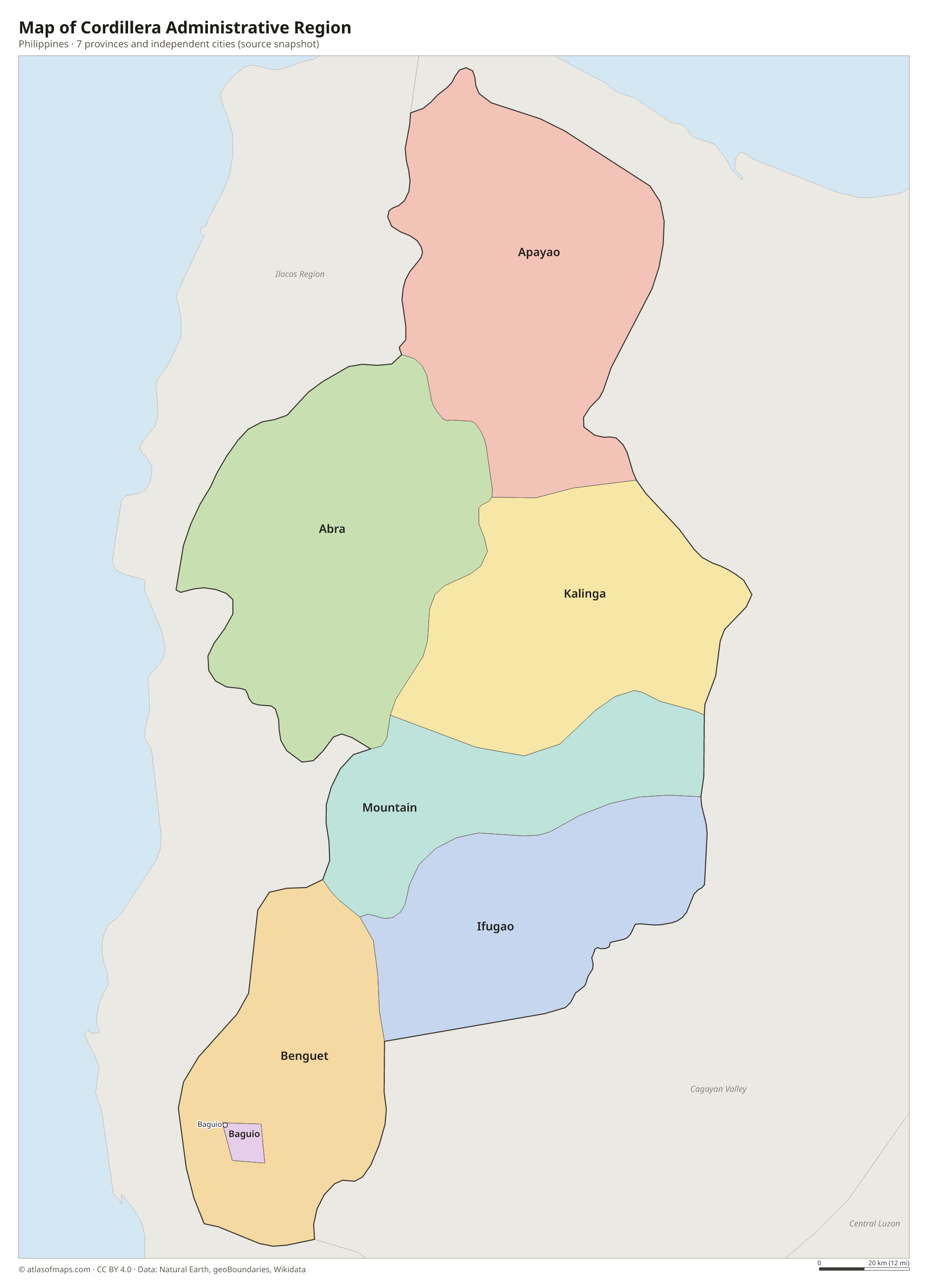 Map of Cordillera Administrative Region, cities and provinces and independent cities