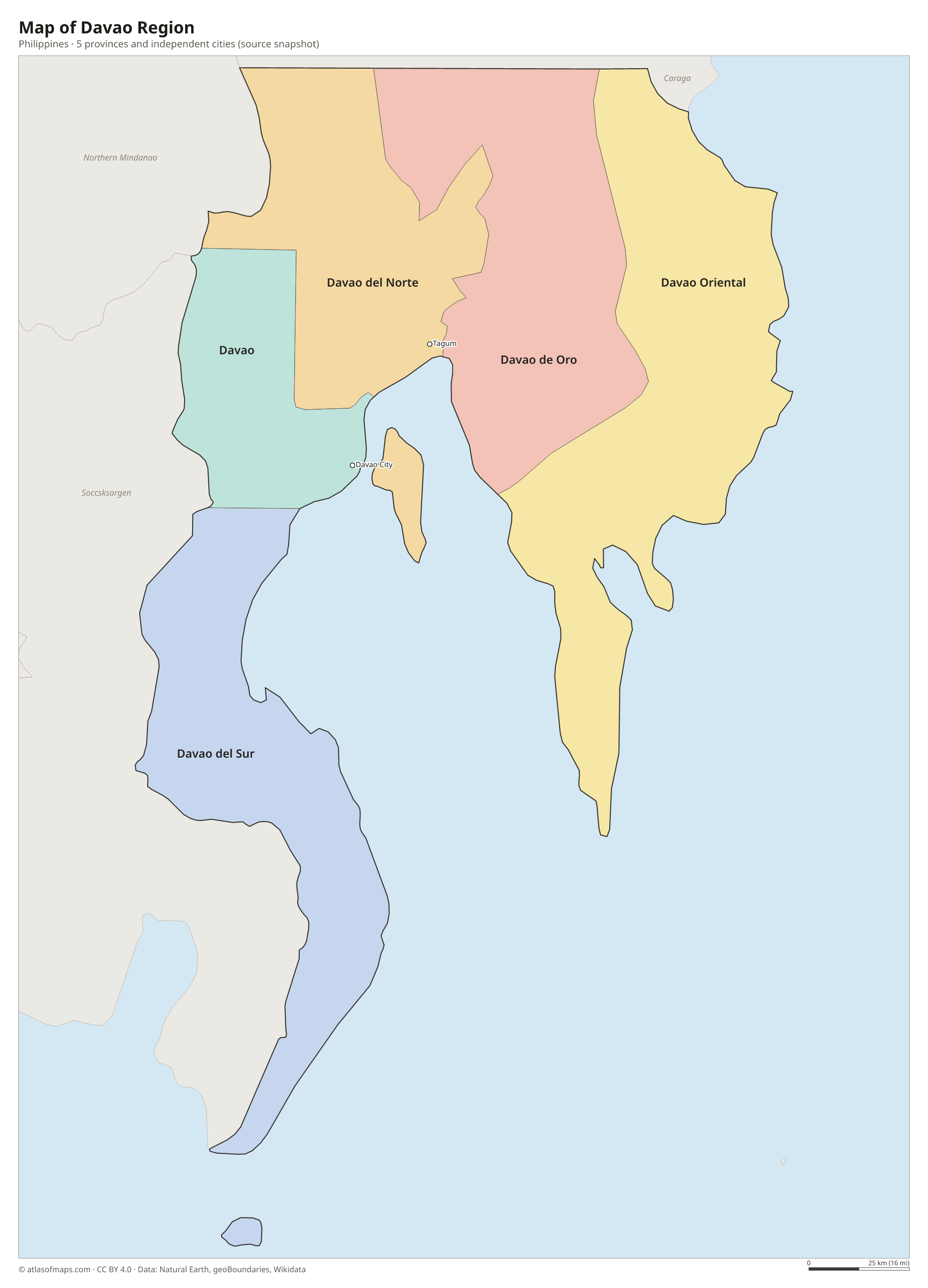 Map of Davao Region, cities and provinces and independent cities