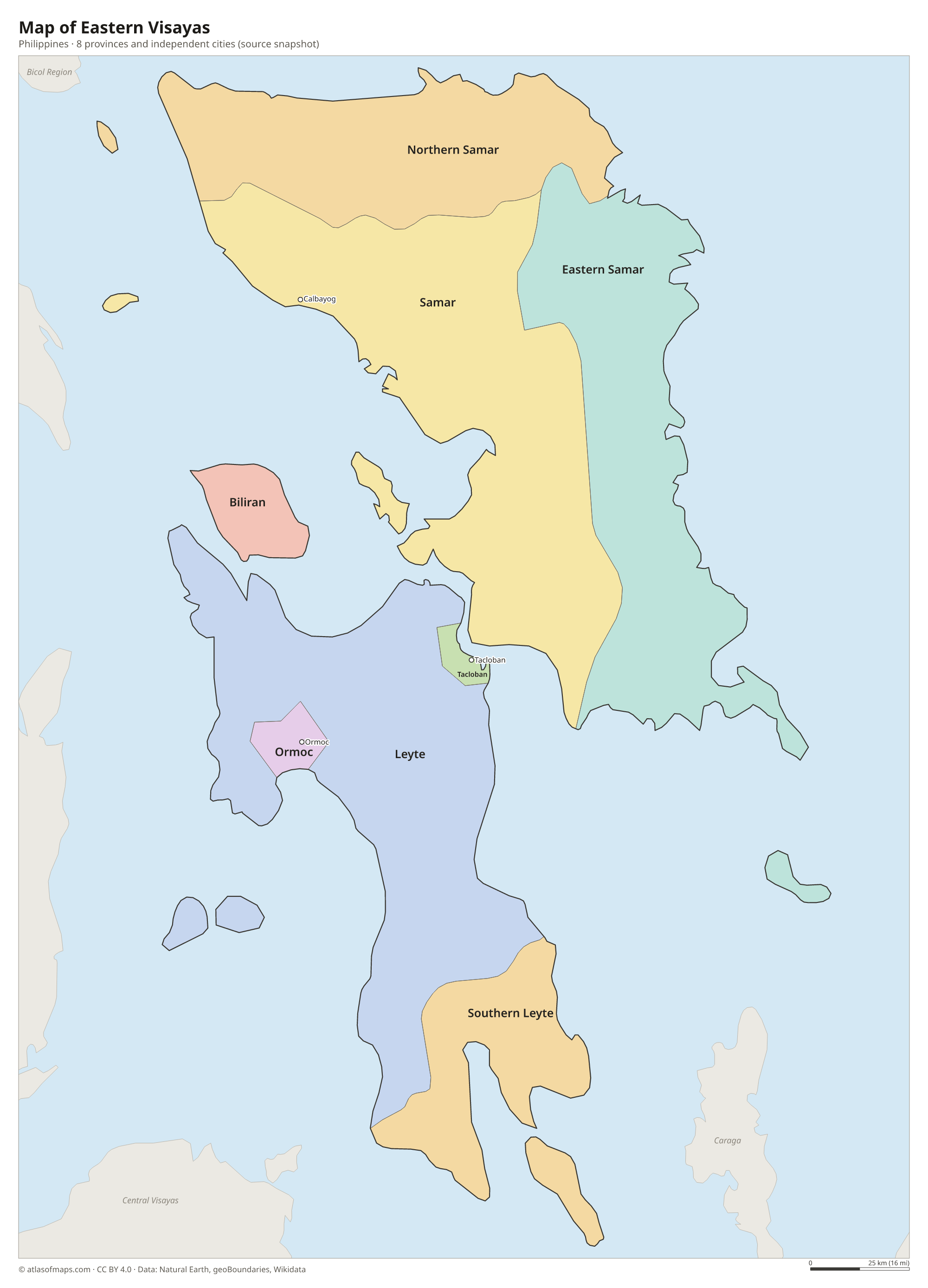Map of Eastern Visayas, cities and provinces and independent cities