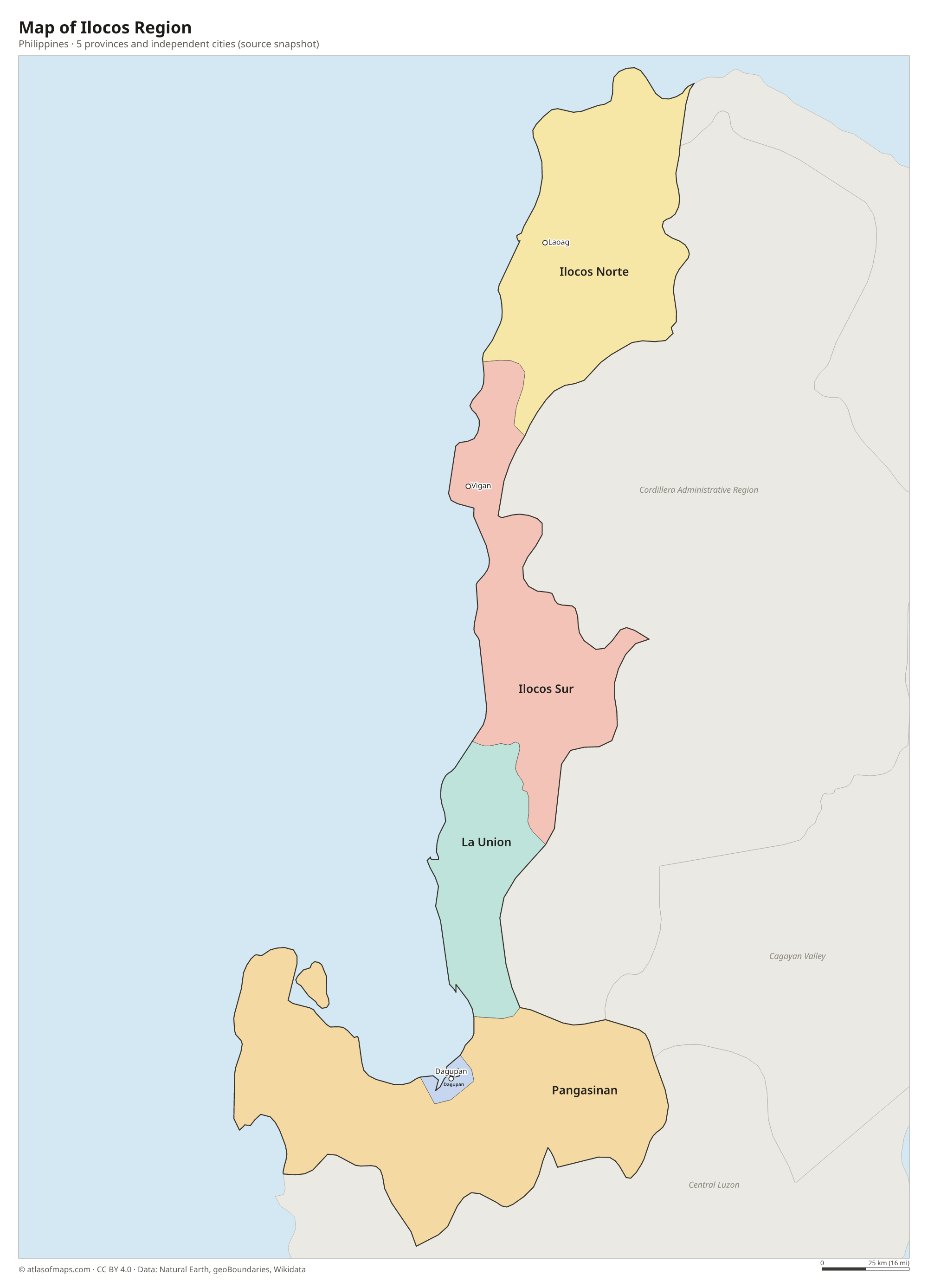 Map of Ilocos Region, cities and provinces and independent cities