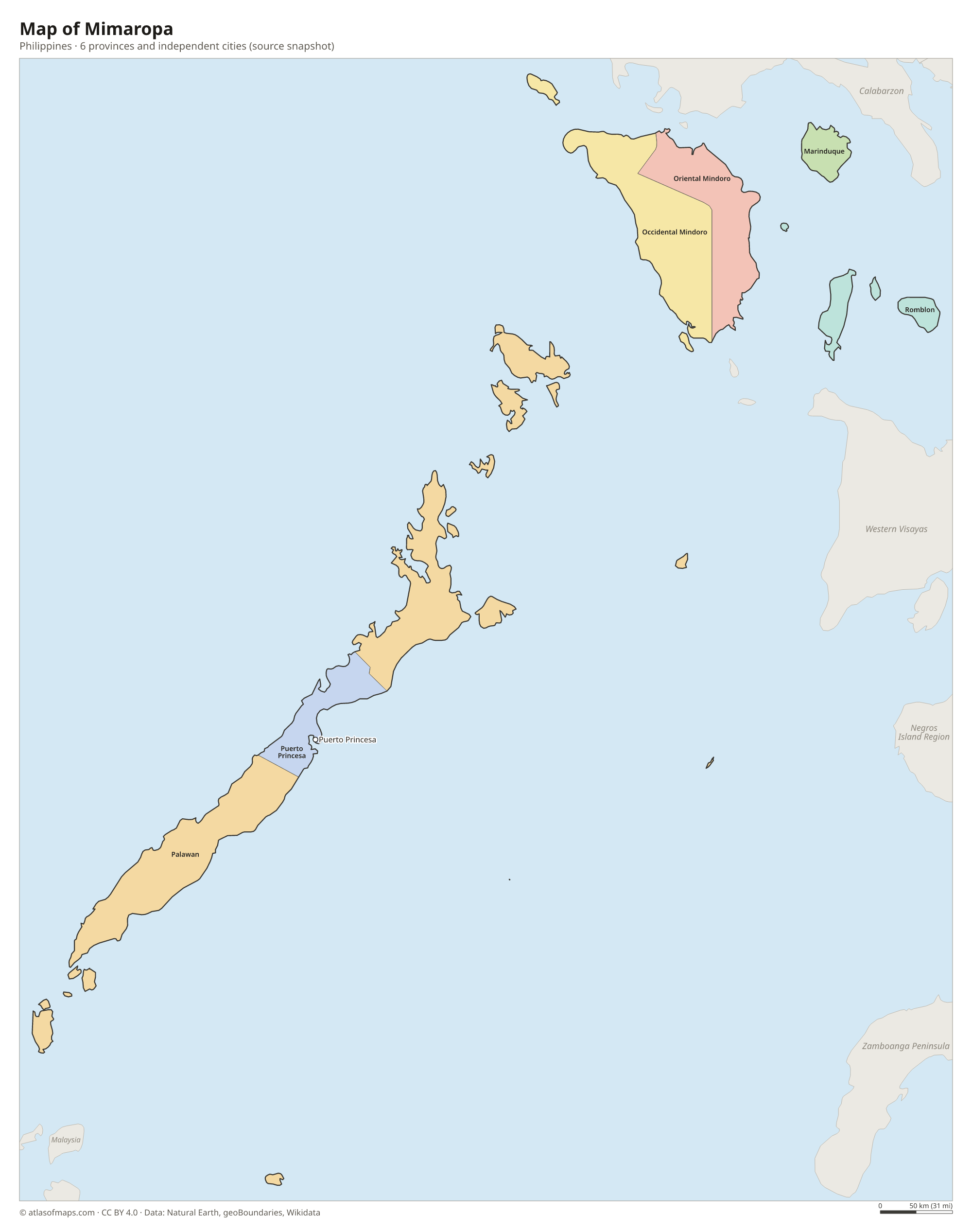 Map of Mimaropa, cities and provinces and independent cities