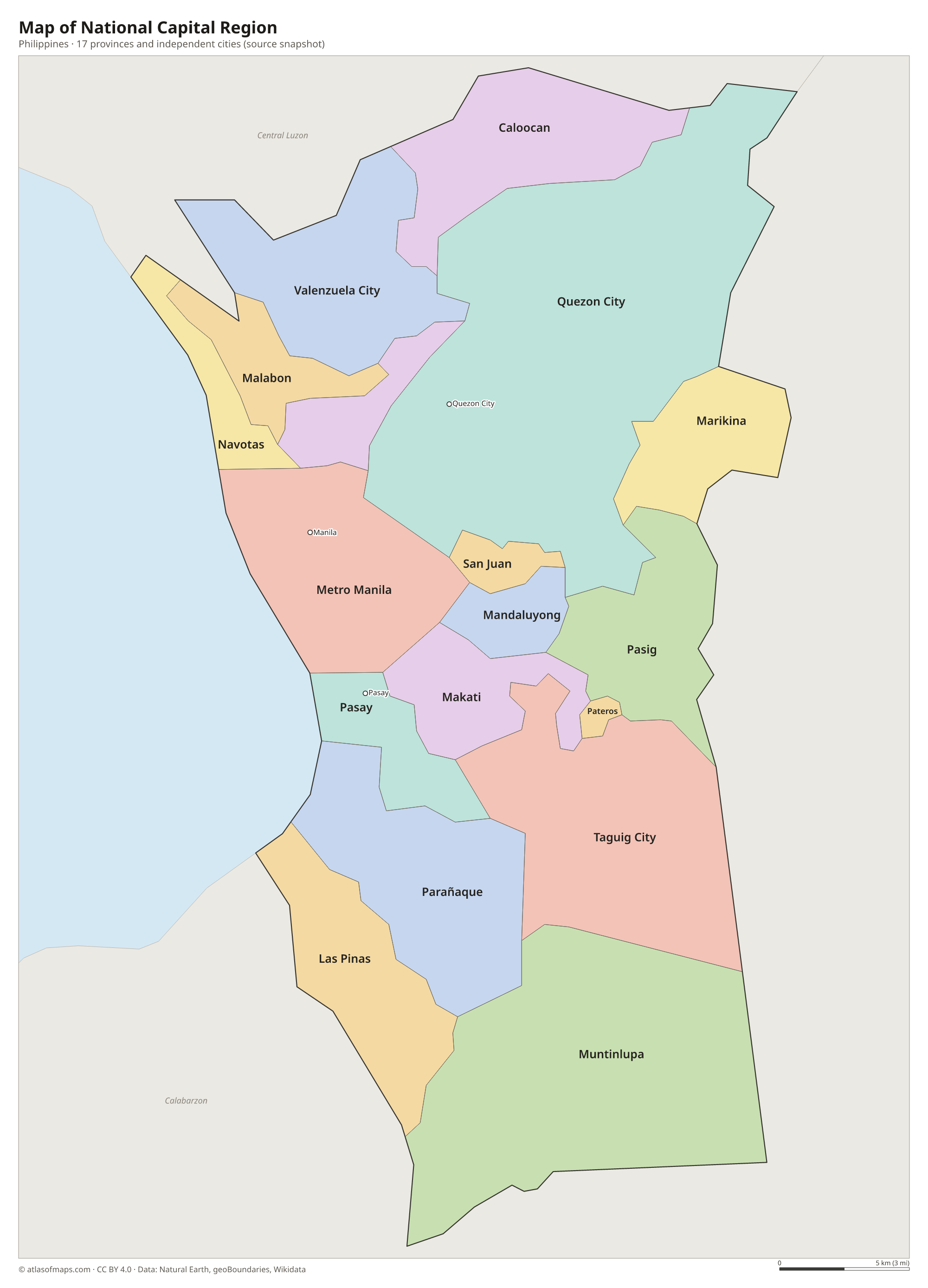 Map of National Capital Region, cities and provinces and independent cities