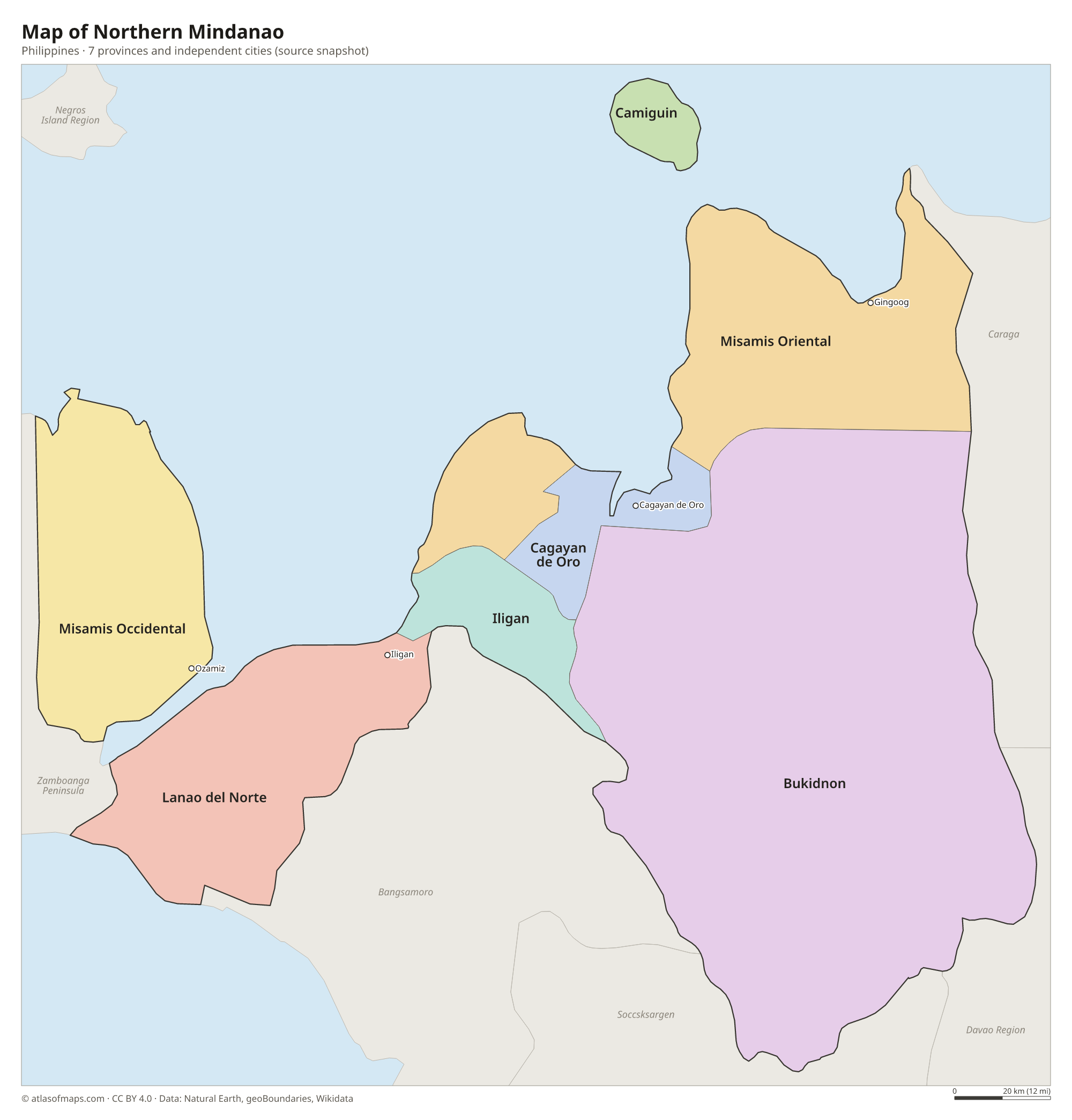 Map of Northern Mindanao, cities and provinces and independent cities