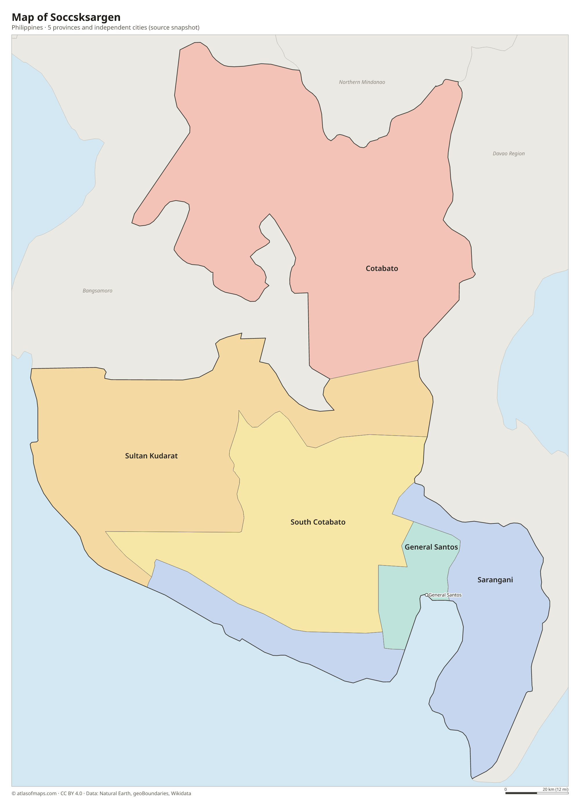 Map of Soccsksargen, cities and provinces and independent cities
