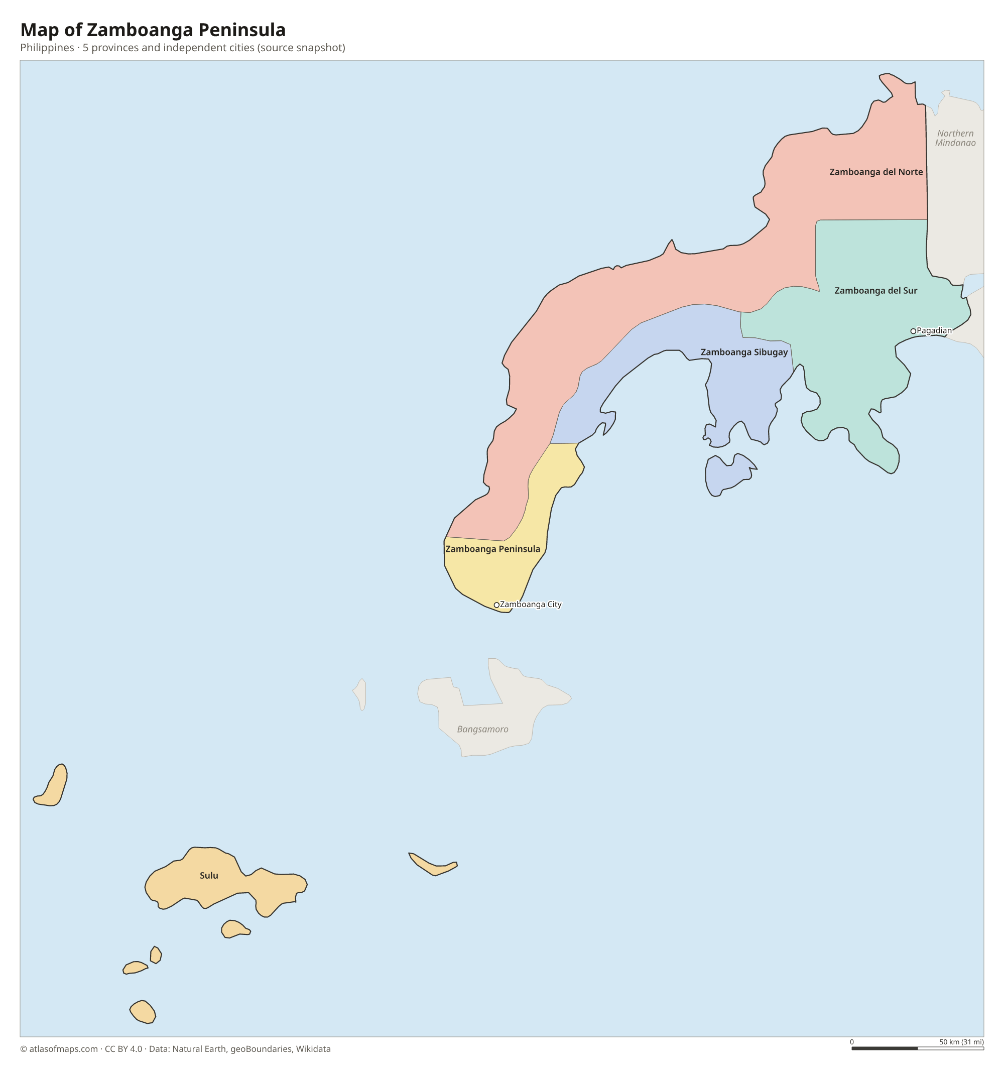 Map of Zamboanga Peninsula, cities and provinces and independent cities