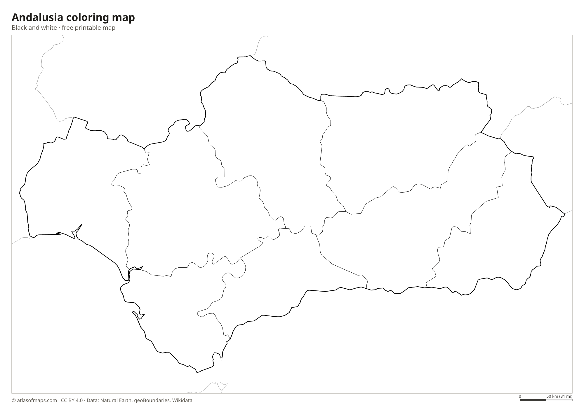 Black-and-white coloring map of Andalusia