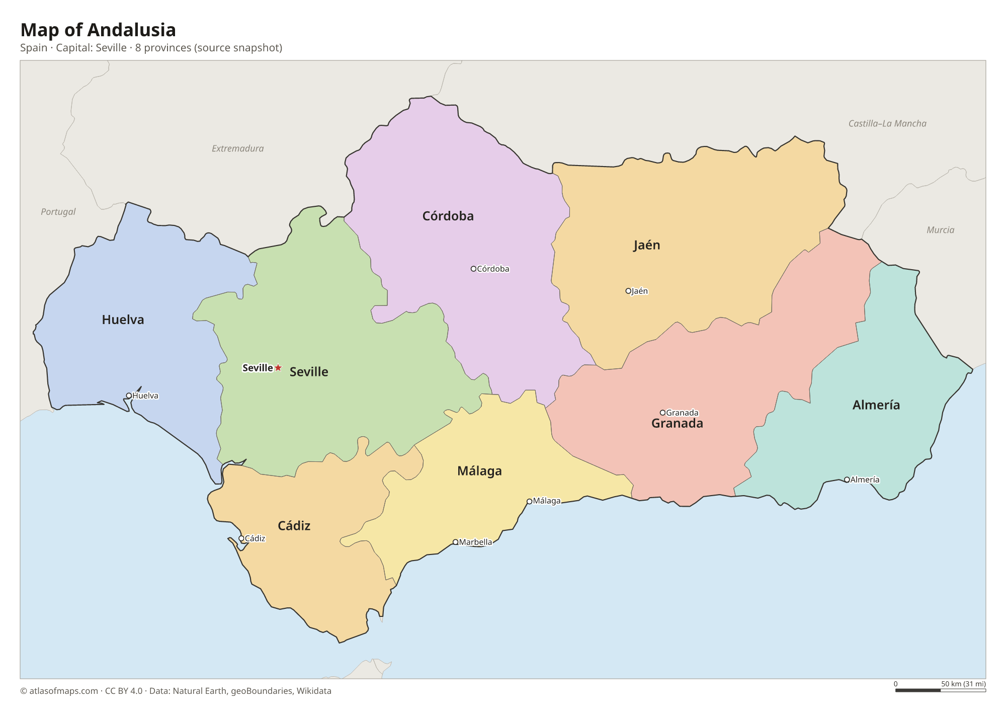 Map of Andalusia with the capital Seville, cities and provinces