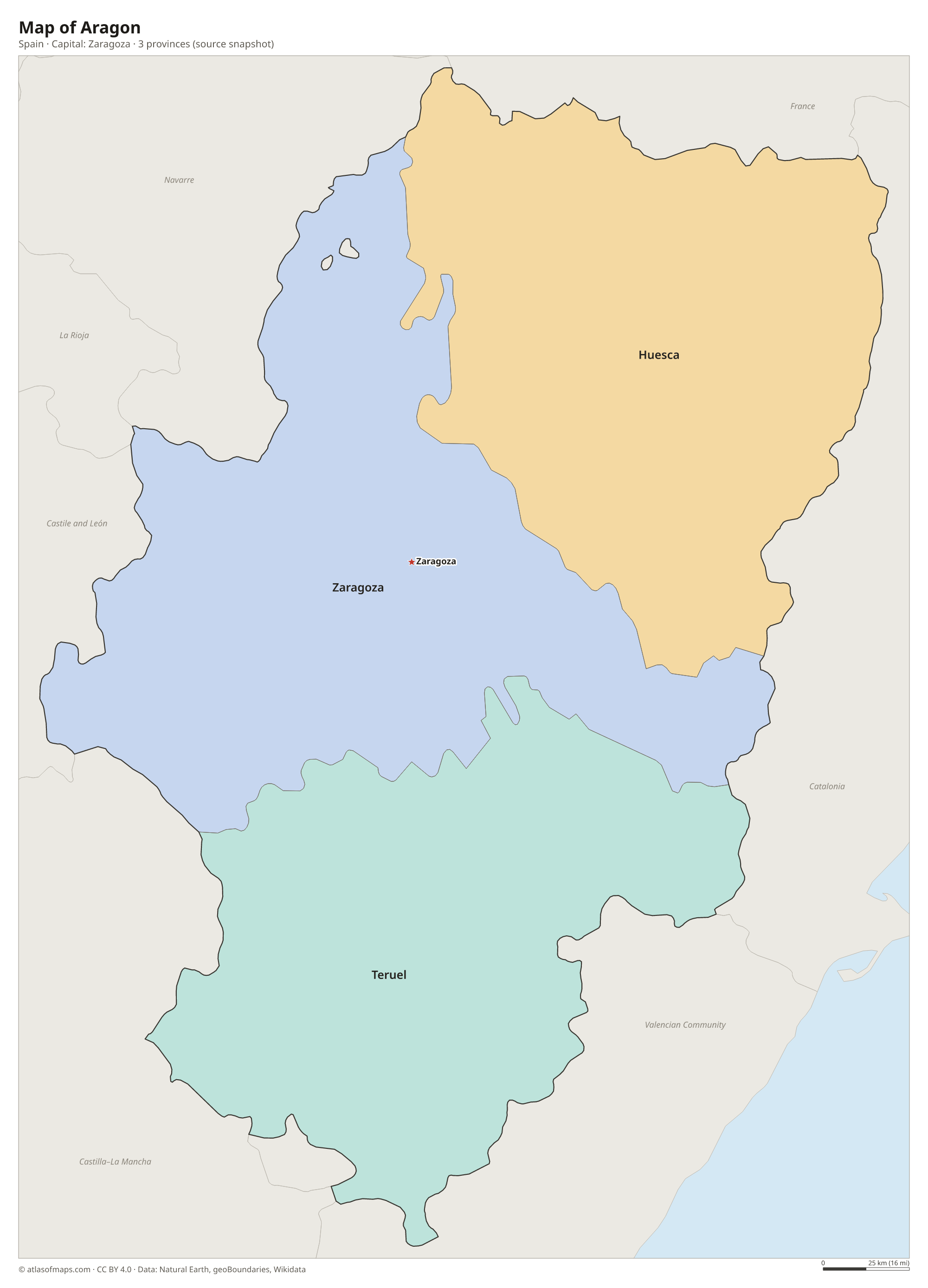 Map of Aragon with the capital Zaragoza, cities and provinces
