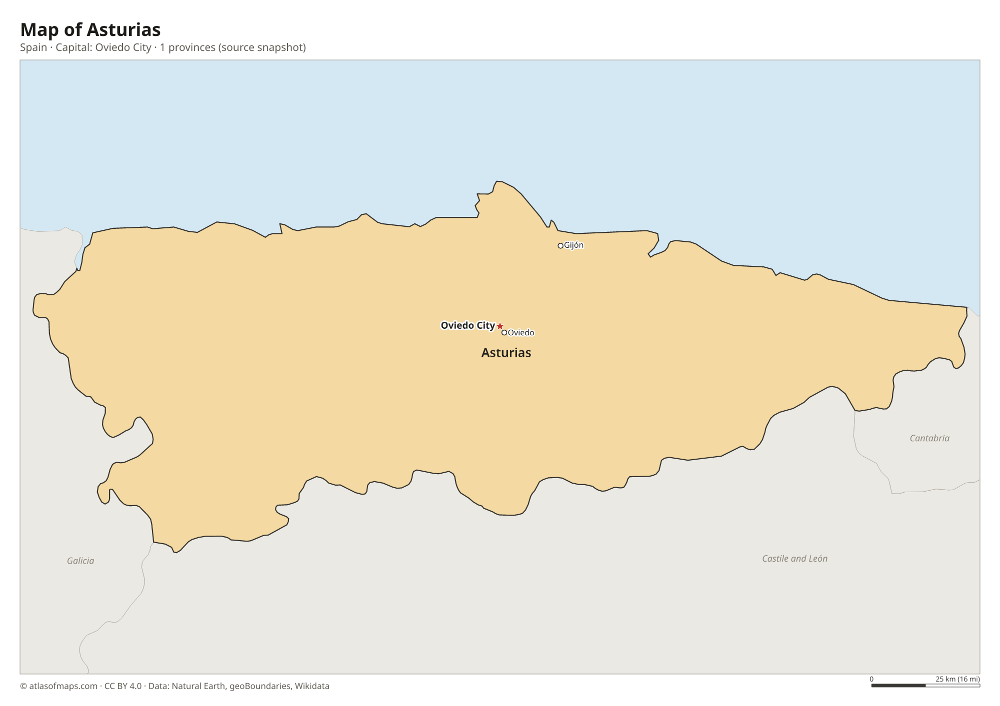 Map of Asturias with the capital Oviedo City, cities and provinces
